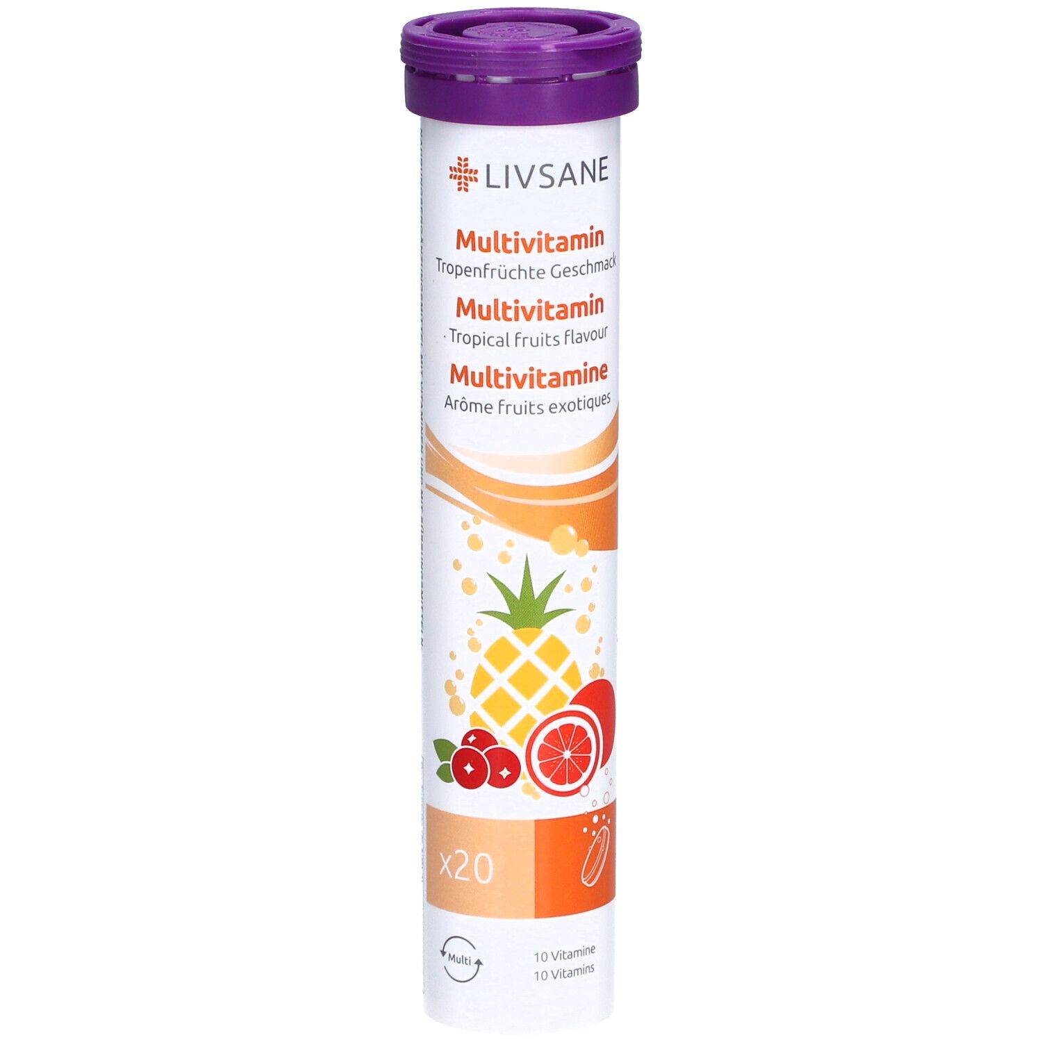 LIVSANE Multivitamin-Brausetabletten. Tropische Früchte. Zylinderförmige Verpackung mit lila Deckel. Illustrationen von Früchten.