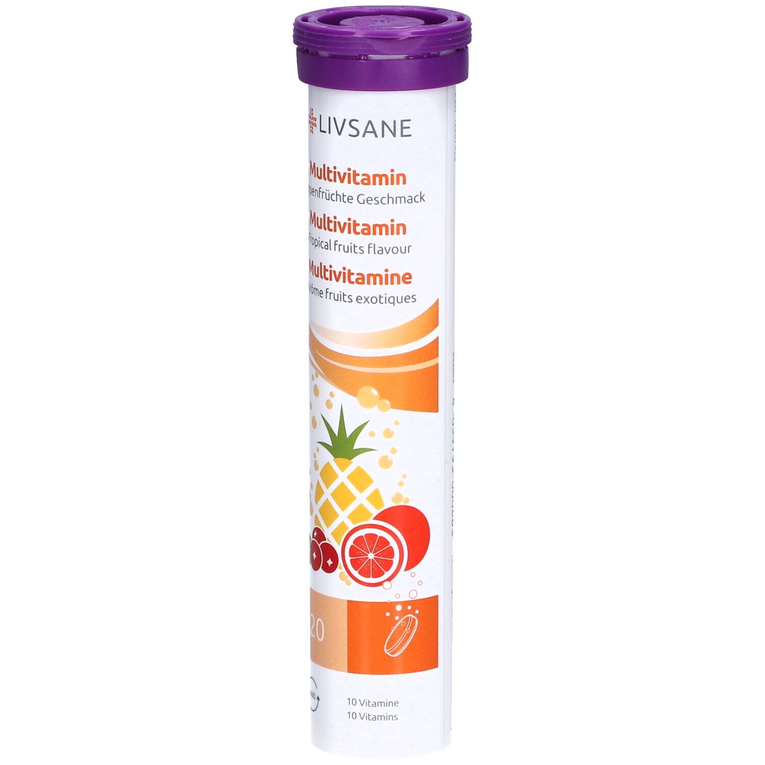 LIVSANE Multivitamin-Brausetabletten. Tropische Früchte. Zylinderförmige Verpackung mit lila Deckel. Illustrationen von Früchten.