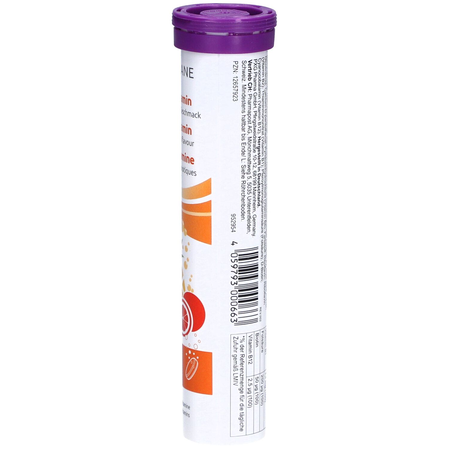 LIVSANE Multivitamin-Brausetabletten. Zylinderförmige Verpackung. Lila Deckel. Text und Illustrationen von Früchten. PZN-Nummer.