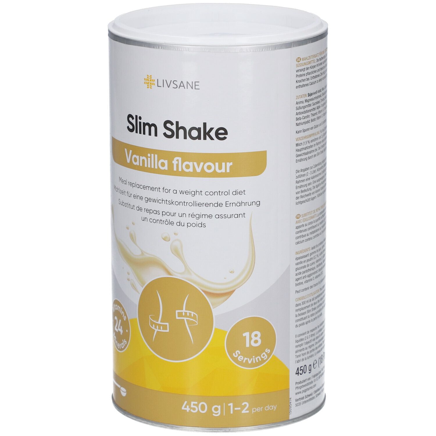 Dose LIVSANE Slim Shake Vanille. Aufschrift: 24 Vitamine, 18 Portionen, 450 g. Produktabbildung mit Vanille-Aroma.