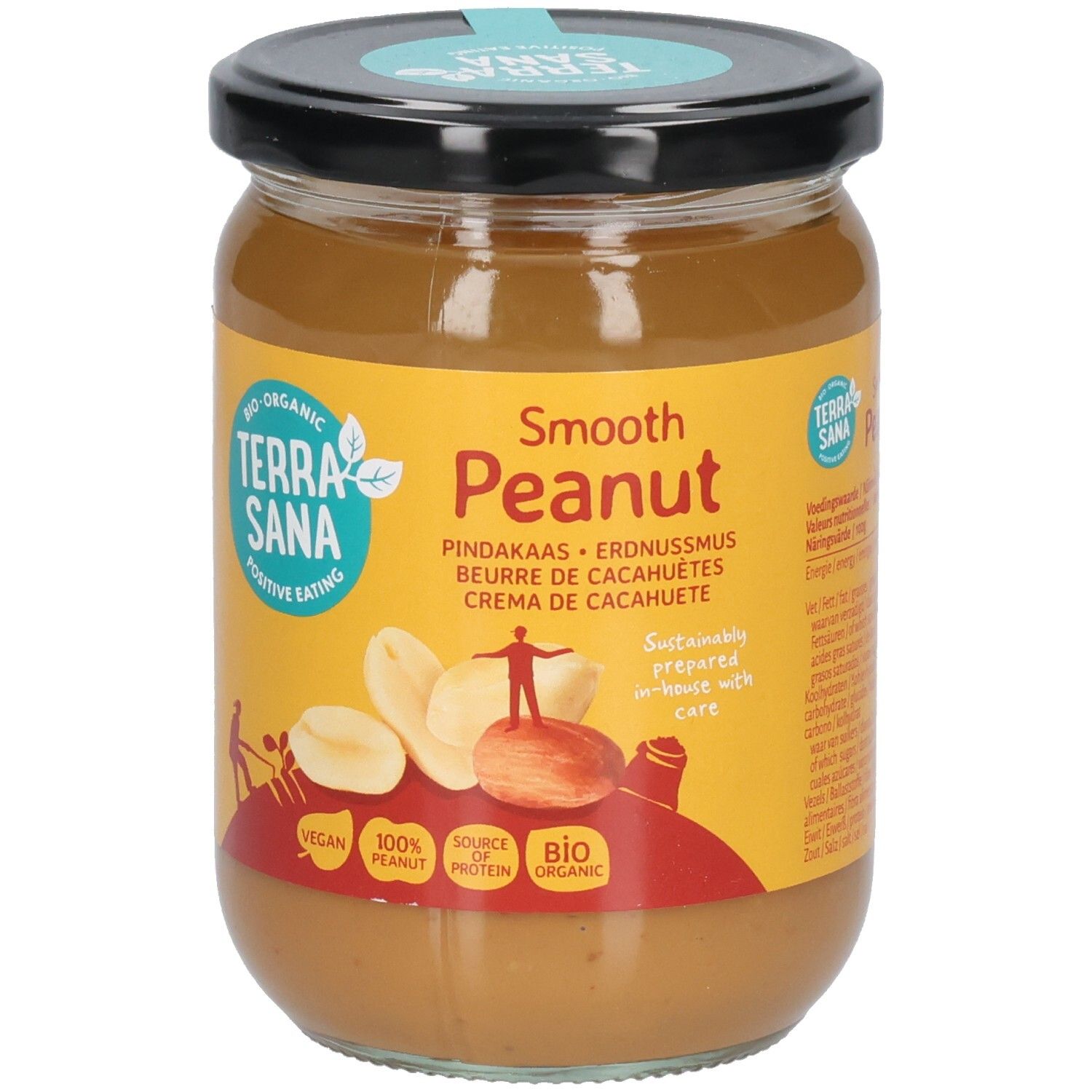 Glas mit Erdnussmus. Aufschrift: Terra Sana, Smooth Peanut. Vegan, 100% Erdnuss, Bio. Deckel schwarz.