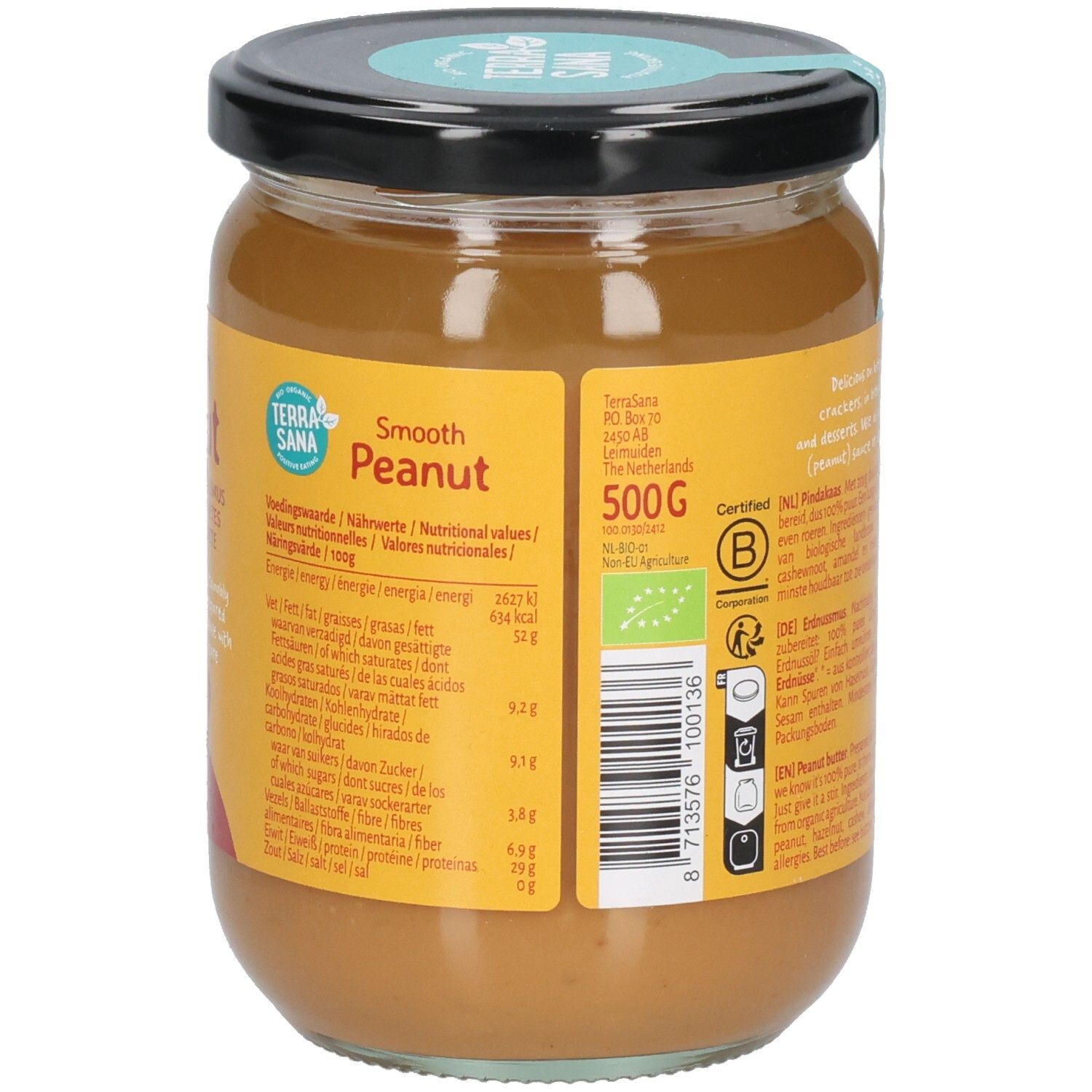 Glas mit Erdnussmus. Aufschrift: Terra Sana, 500g. Nährwertangaben. Bio-Siegel. Schwarzer Deckel.