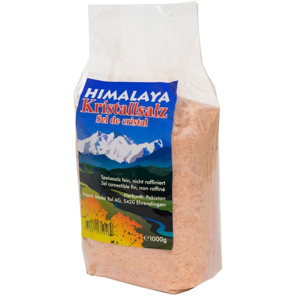 Beutel mit rosa Kristallsalz. Aufdruck: Himalaya Kristallsalz, 1000g. Fein gemahlenes Speisesalz, nicht raffiniert.