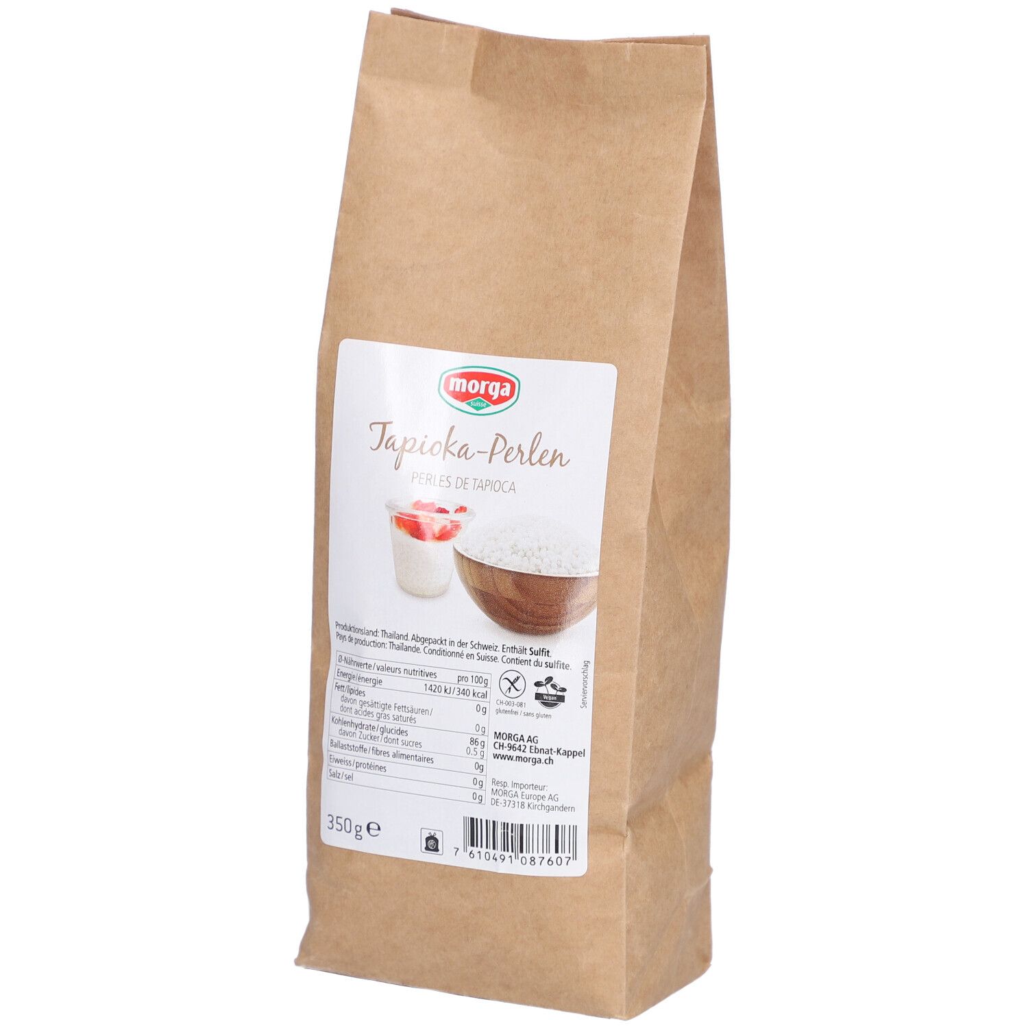 Braune Papiertüte mit Etikett. Auf dem Etikett: Tapioka-Perlen, Produktabbildung, Nährwertangaben, Glutenfrei-Symbol.