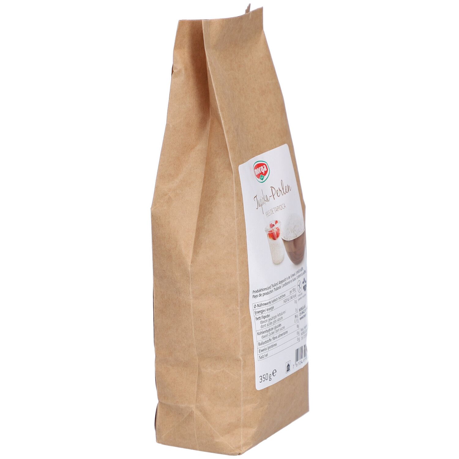 Braune Papiertüte, Seitenansicht. Etikett mit Produktinformationen. Auf dem Etikett: Tapioka-Perlen, Produktabbildung, Nährwertangaben.