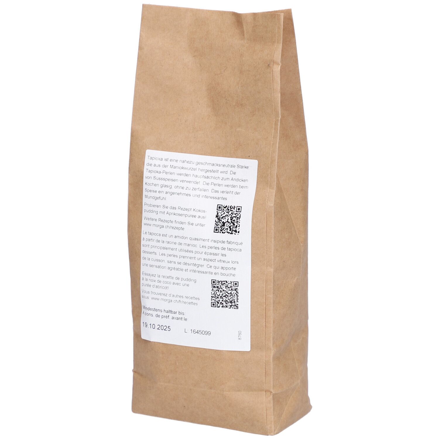 Rückseite einer braunen Papiertüte. Etikett mit Text und QR-Codes. Text in Deutsch. Mindesthaltbarkeitsdatum: 19.10.2025.