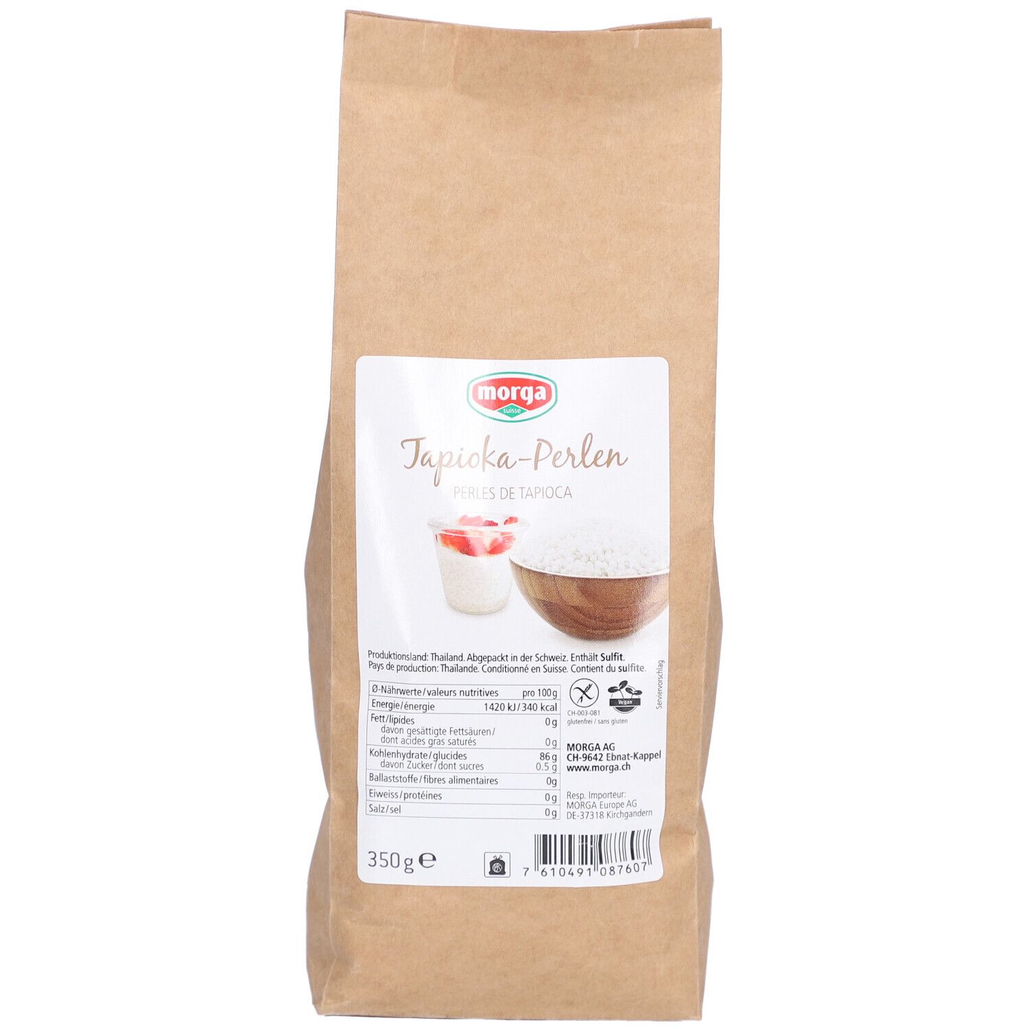 Braune Papiertüte mit Etikett. Auf dem Etikett: Tapioka-Perlen, Produktabbildung, Nährwertangaben, Glutenfrei-Symbol, 350g.