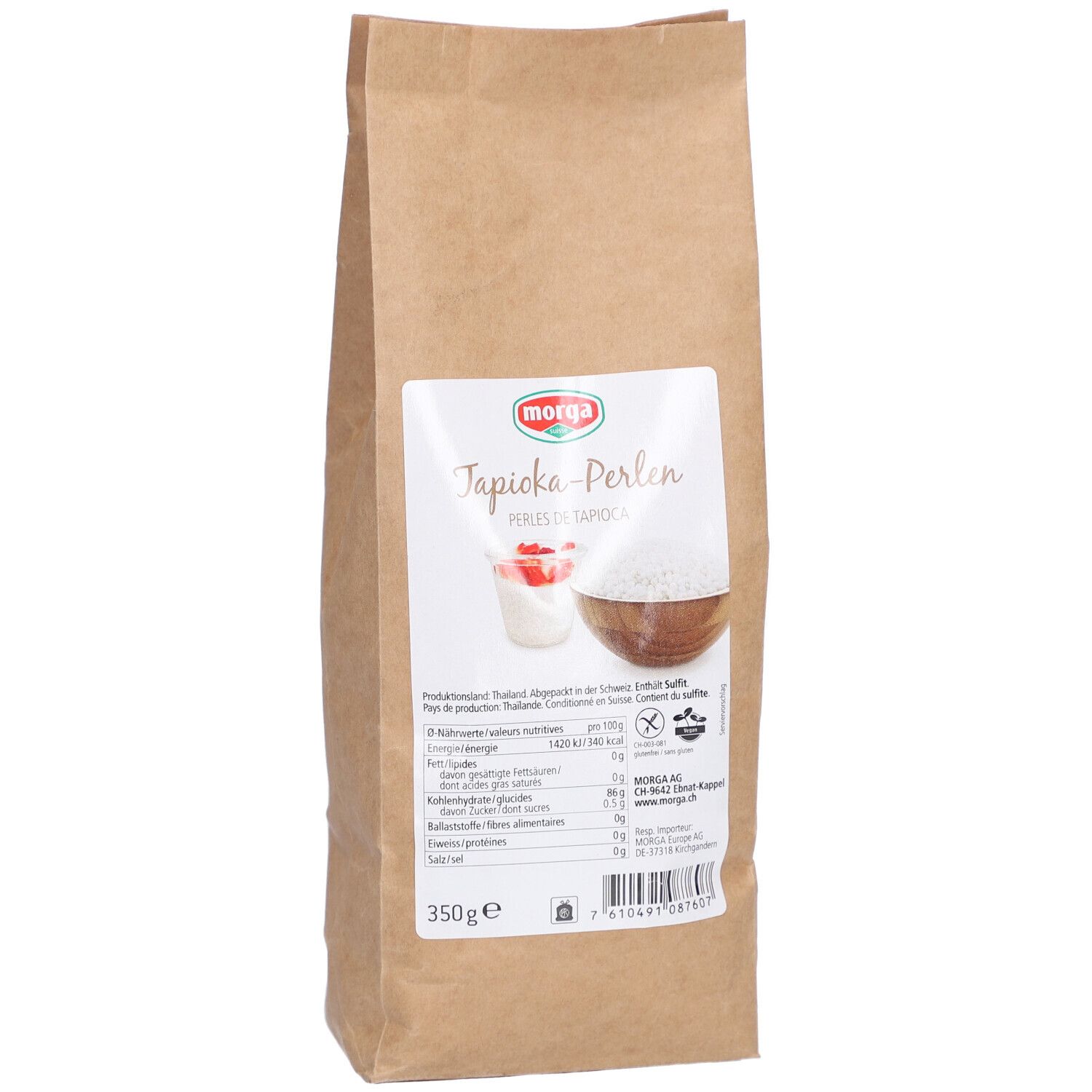 Braune Papiertüte mit Etikett. Auf dem Etikett: Tapioka-Perlen, Produktabbildung, Nährwertangaben, Glutenfrei-Symbol, 350g.
