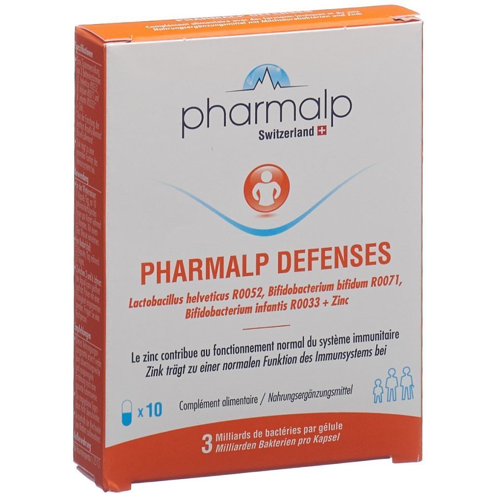 Boîte PHARMALP DEFENSES, orange et blanche. Contient 10 gélules. Ingrédients : Lactobac. helveticus, Bifidobact. bifidum, Bifidobact. infantis + Zinc.