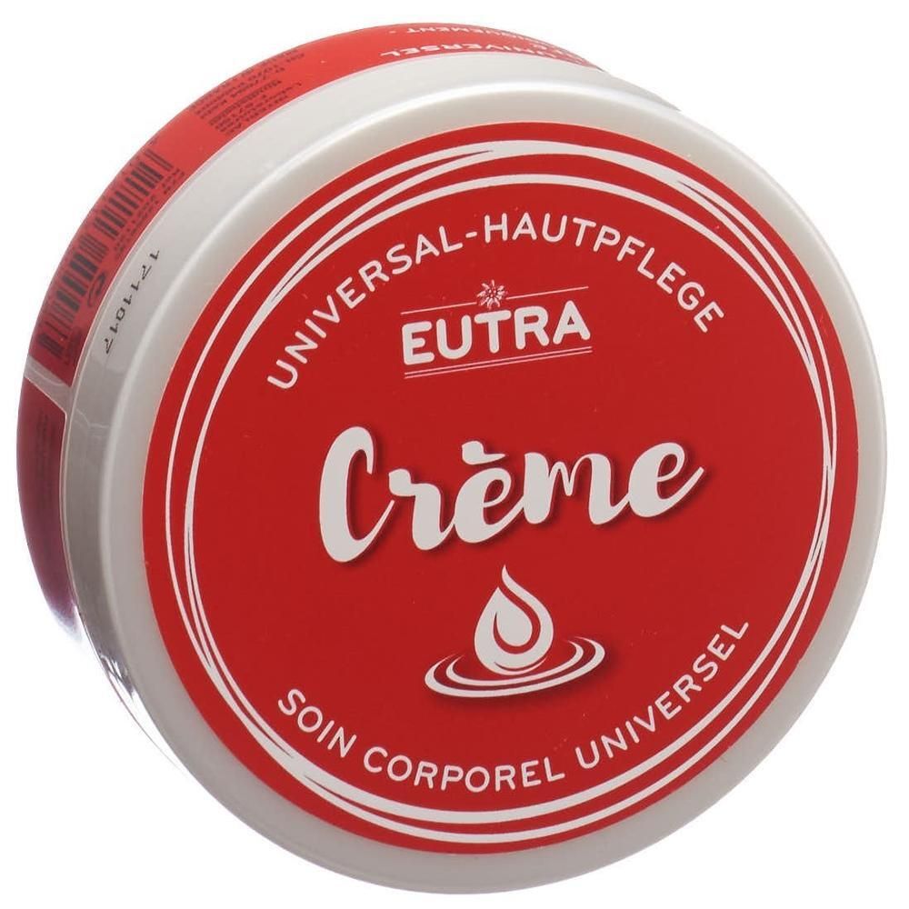 Runde Dose mit rotem Deckel. Aufschrift: Eutra Crème Universelle Hautpflege. Weiße Schrift auf rotem Grund.