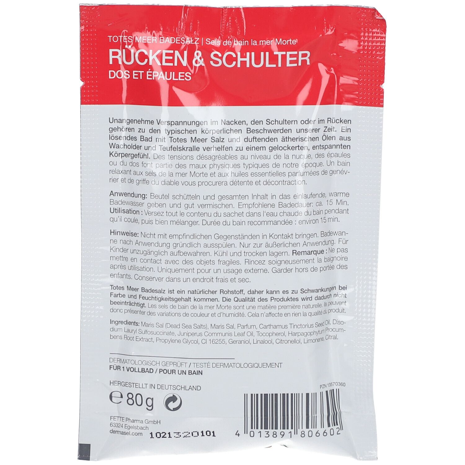 Beutel mit Text: Rücken & Schulter. Rote und weiße Verpackung. Dermatologisch getestet.