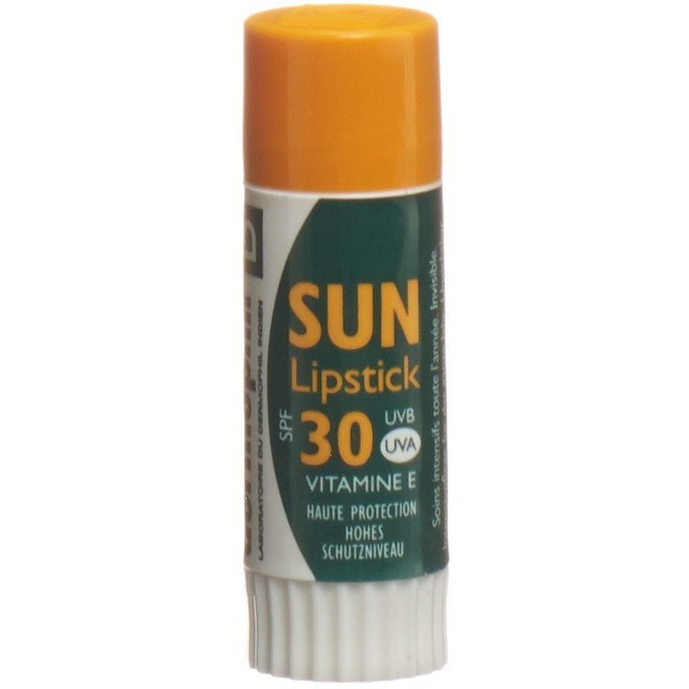 Lippenbalsam mit Sonnenschutz SPF30. Weißer Stift mit gelbem Deckel. Aufschrift: SUN Lipstick, UVB, UVA, Vitamin E.