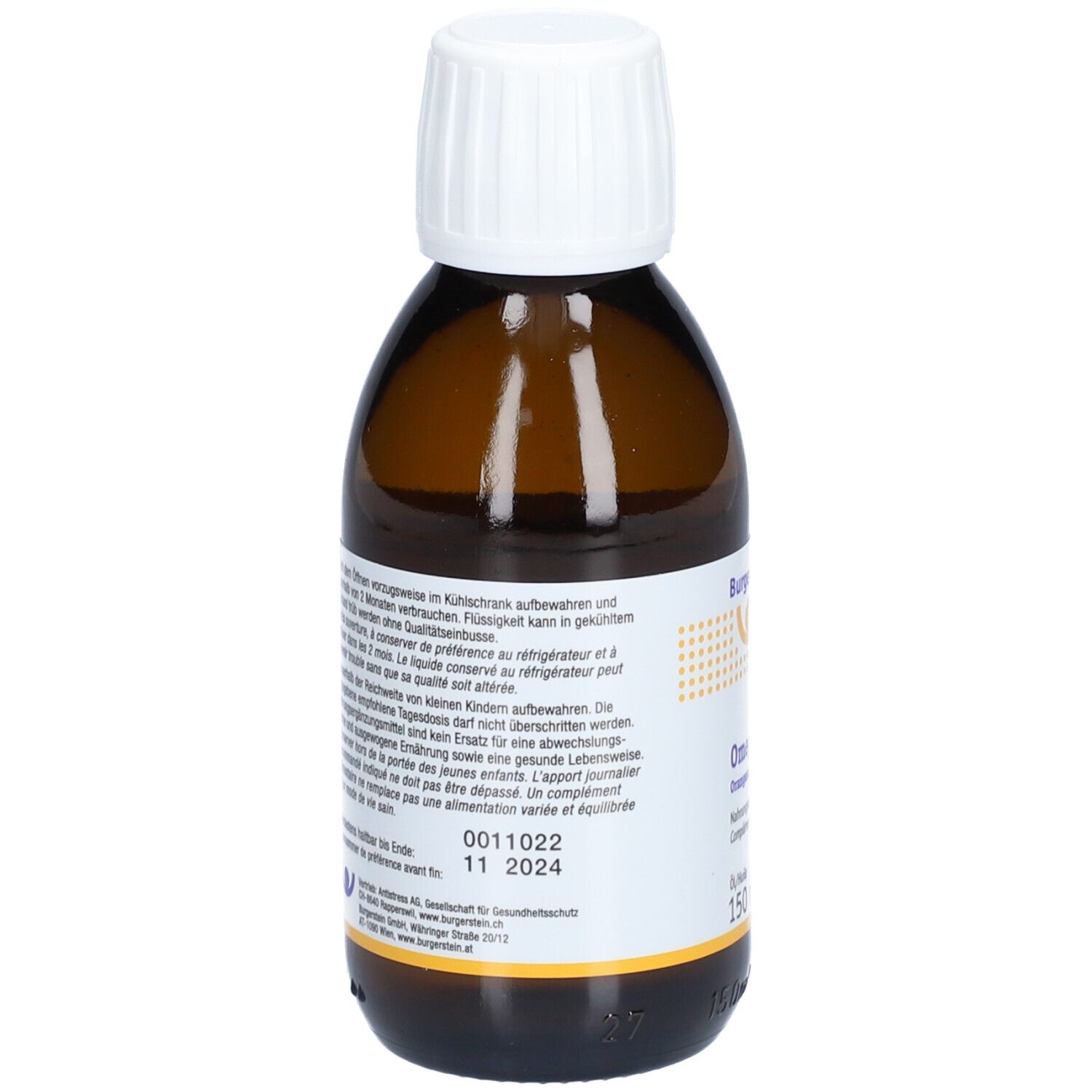Rückseite der braunen Glasflasche. Etikett mit Text, u.a. zur Aufbewahrung und Haltbarkeit. 150 ml.