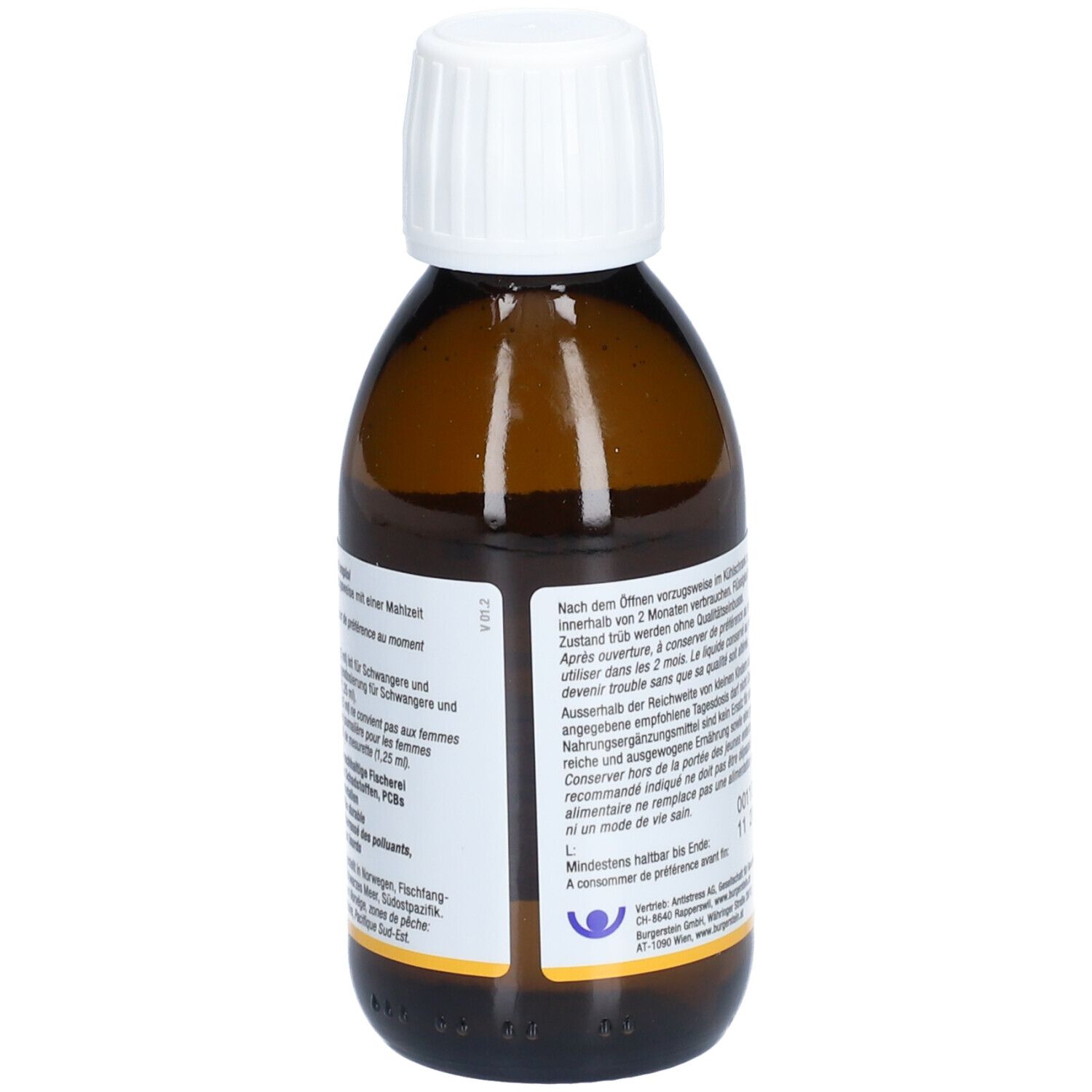 Rückseite der braunen Glasflasche. Etikett mit Text, u.a. zur Anwendung und Inhaltsstoffen. 150 ml.