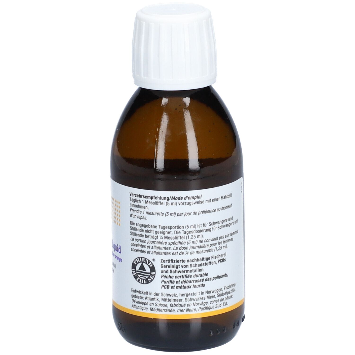 Rückseite der braunen Glasflasche. Etikett mit Text, u.a. zur Dosierung und Zertifizierung. 150 ml.