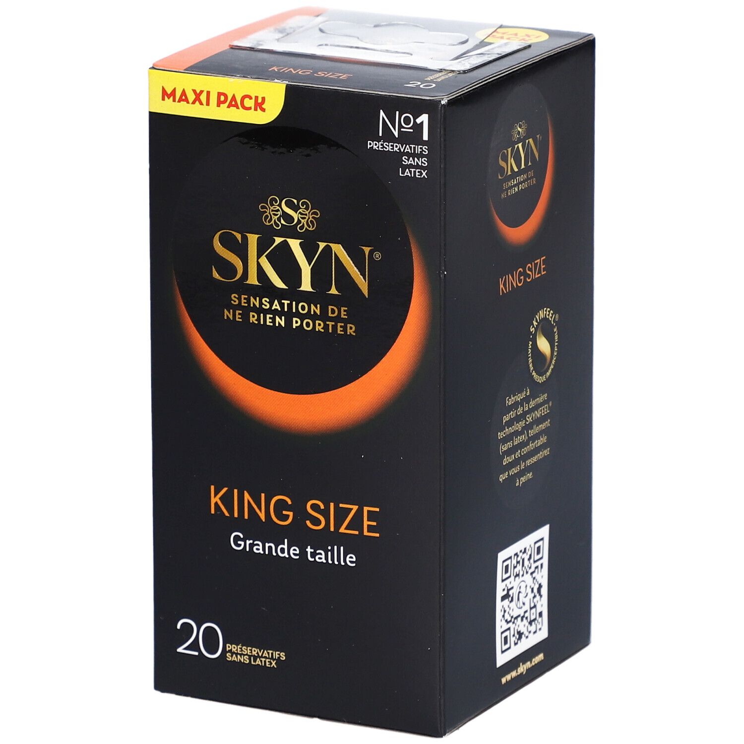 Boîte noire SKYN. Texte: KING SIZE, 20 préservatifs. Cercle orange. Maxi Pack.