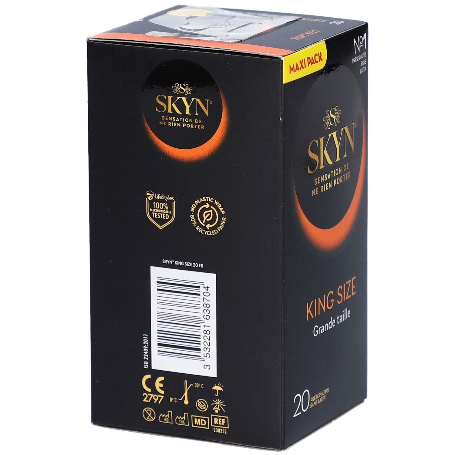 Boîte noire SKYN. Texte: KING SIZE, 20 préservatifs. Dos avec logos et code-barres.
