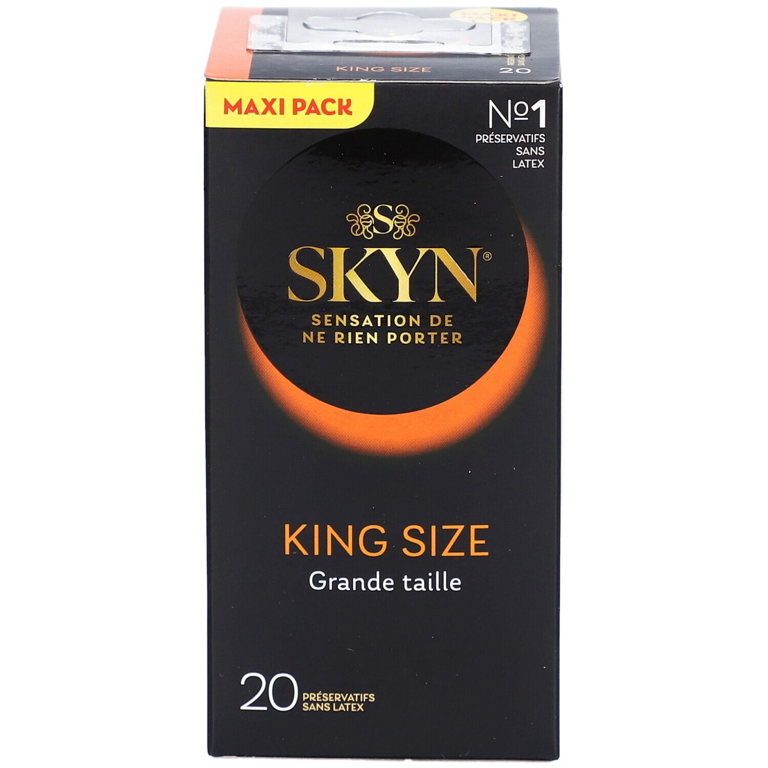 Boîte noire SKYN. Texte: KING SIZE, 20 préservatifs. Cercle orange. Maxi Pack.
