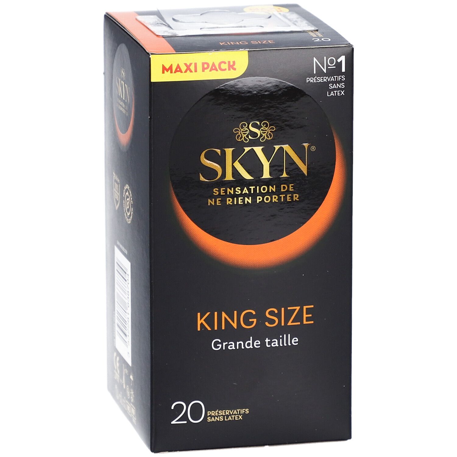 Boîte noire SKYN. Texte: KING SIZE, 20 préservatifs. Cercle orange. Maxi Pack.