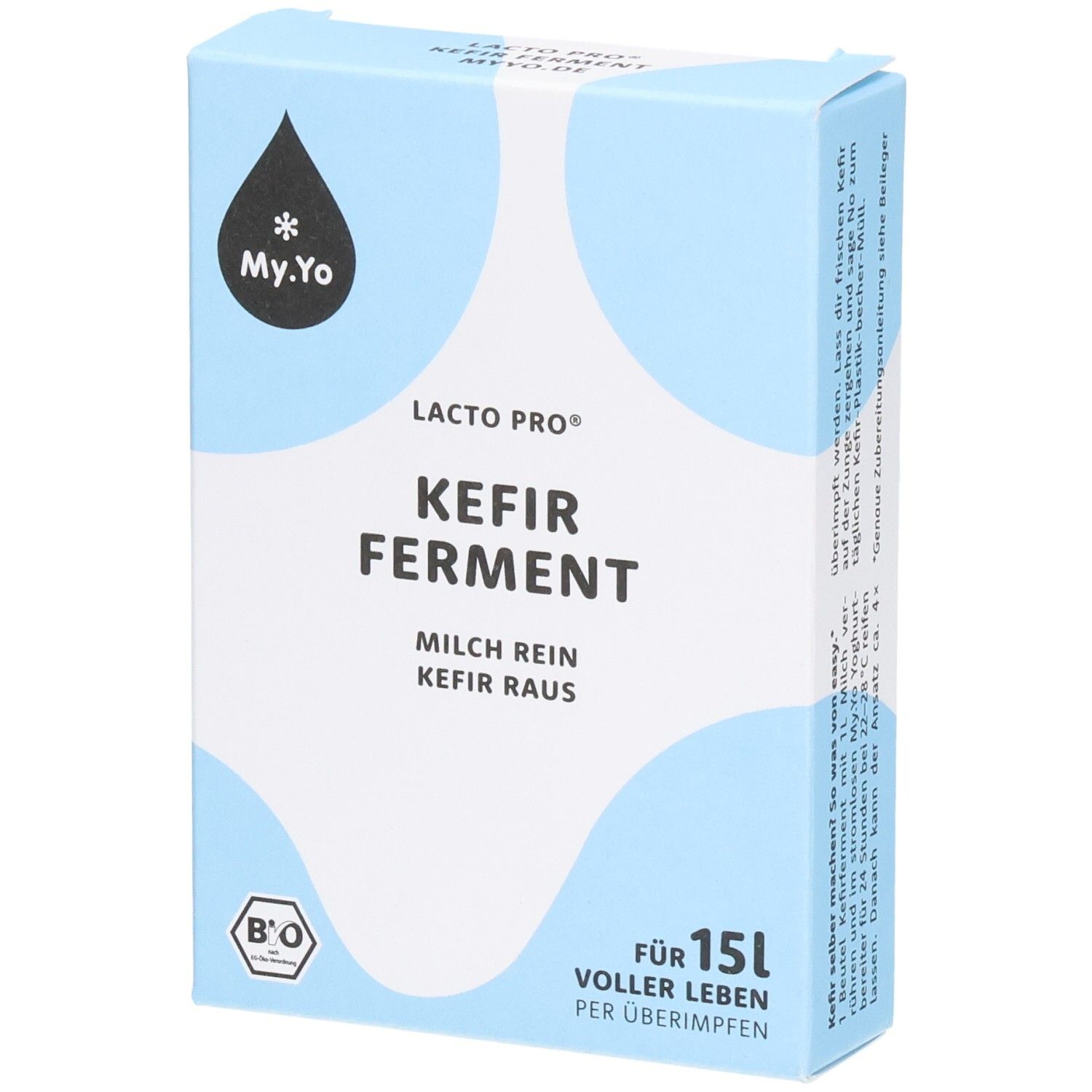 Hellblaue Schachtel mit Aufschrift "Kefir Ferment". Logo: Tropfen mit Stern. Bio-Siegel. Text: Für 15L voller Leben.