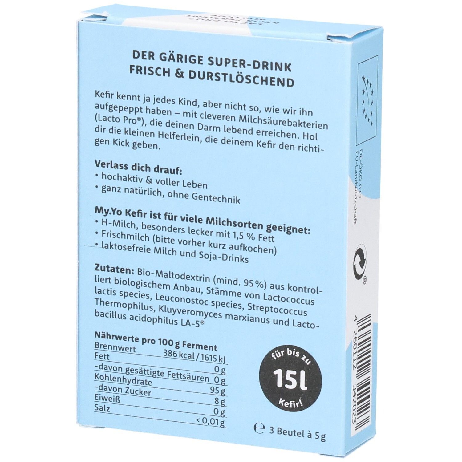 Rückseite der hellblauen Schachtel. Text: Inhaltsstoffe, Nährwerte, Zubereitung. Bio-Siegel. Text: Für bis zu 15L Kefir.