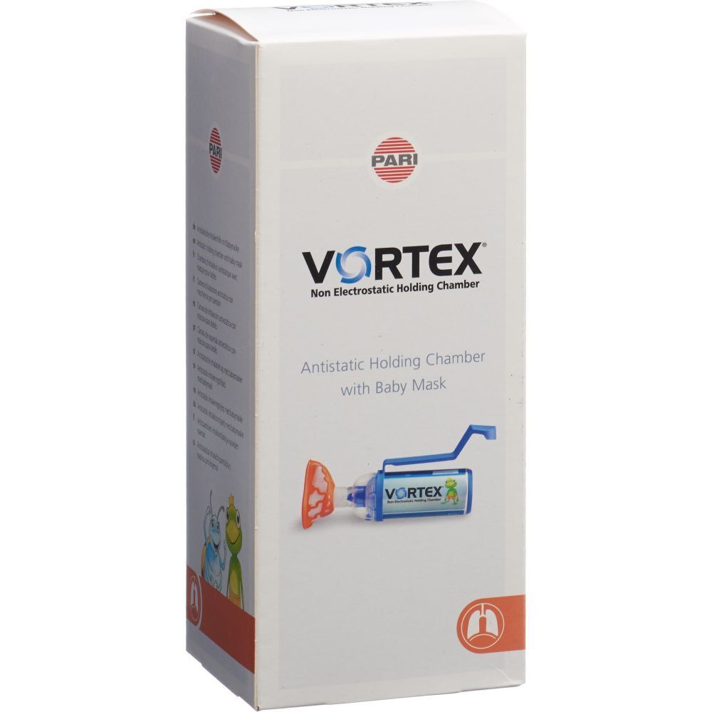 VORTEX mit Maske für Baby 0-2 Jahre. Weiße Verpackung mit Produktabbildung. Blaue und orangefarbene Komponenten sichtbar.