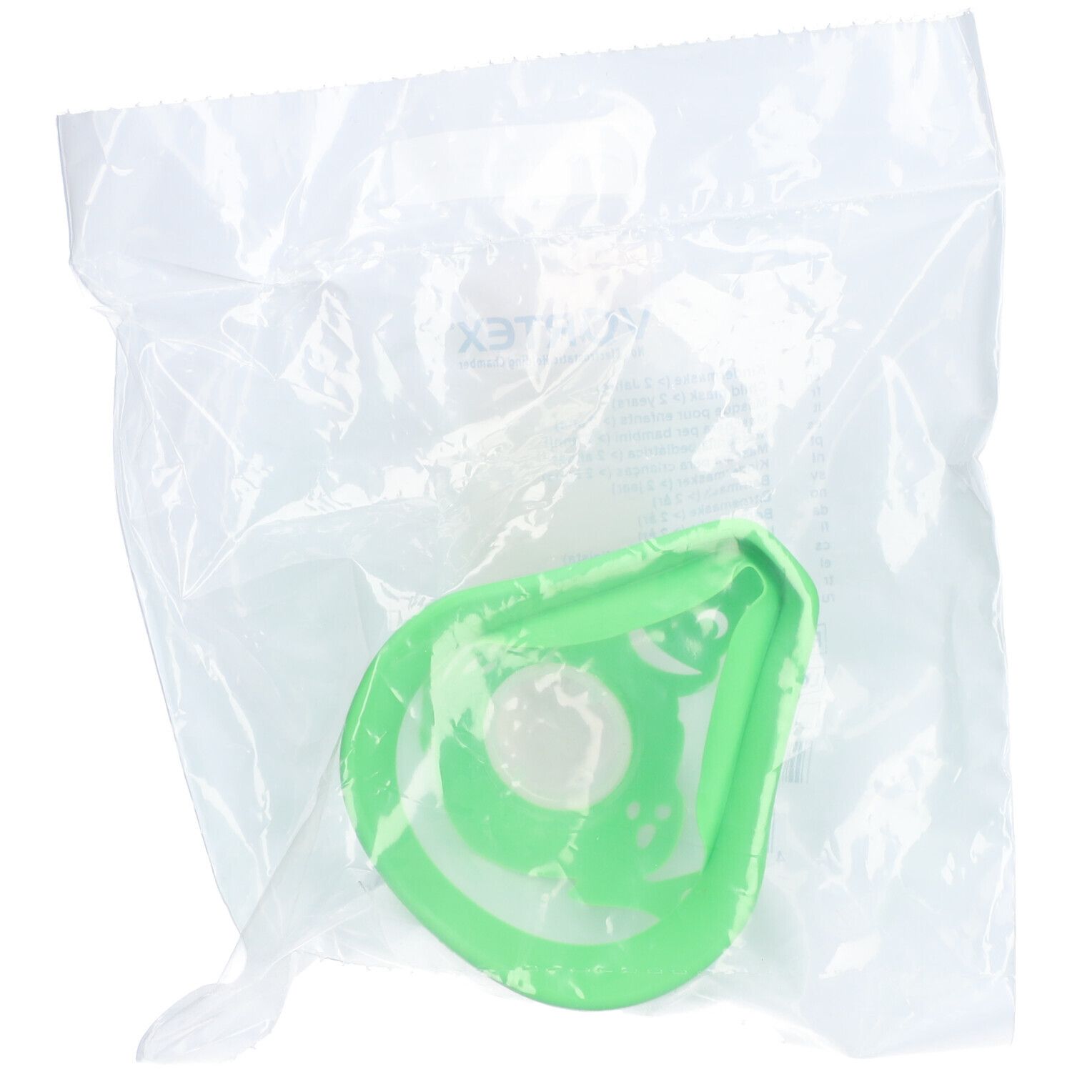 Grüne Maske in transparenter Verpackung. Runde Form mit Öffnung. Für Kinder.