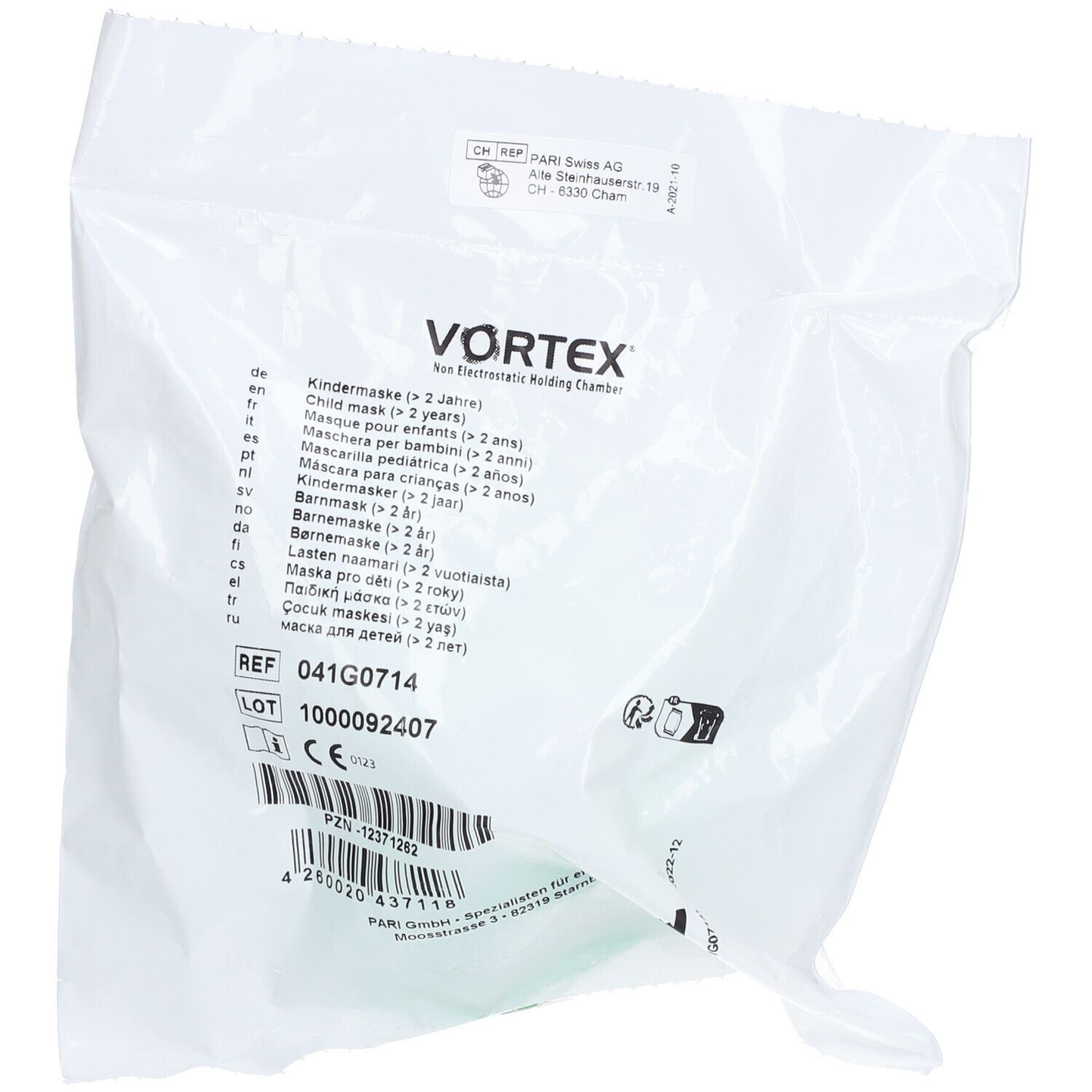 Verpackung mit Text: VORTEX, Kindermaske, REF 041G0714, LOT 1000092407, CE.
