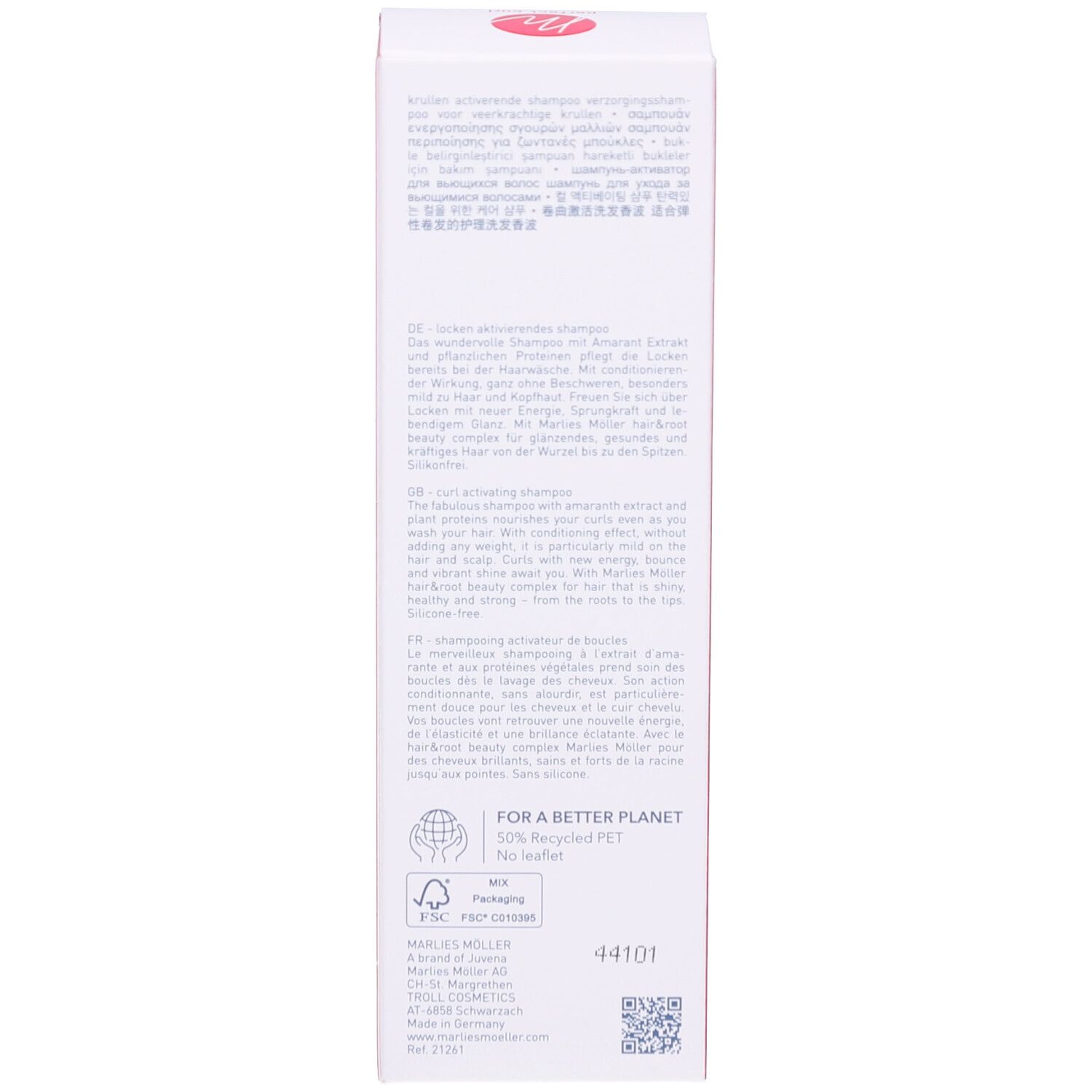 Rückseite der Shampoo-Verpackung. Text und Logos sichtbar. Produktbeschreibung.