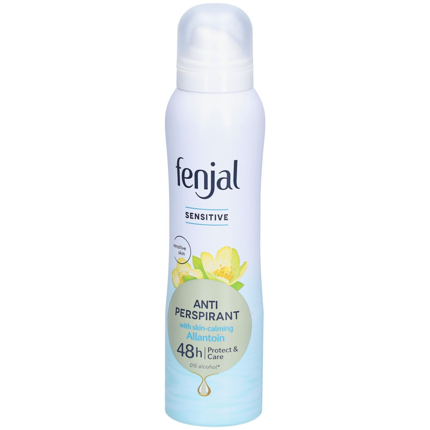 Déodorant anti-transpirant FENJAL. Flacon blanc avec étiquette bleue. Inscription 'Sensitive'. Texte 'Anti-Perspirant' et '48h'.