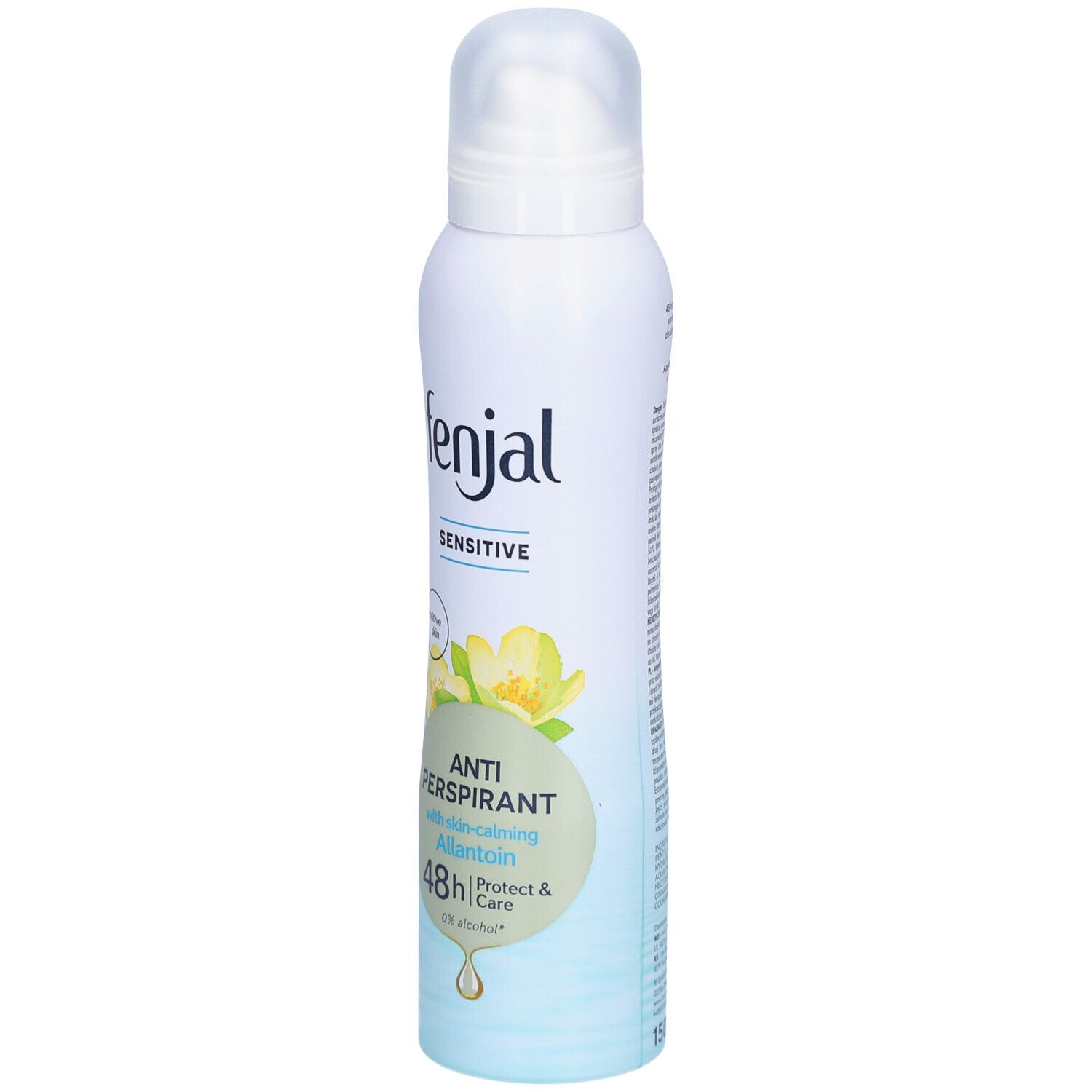 Déodorant anti-transpirant FENJAL. Flacon blanc avec étiquette bleue. Inscription 'Sensitive'. Texte 'Anti-Perspirant' et '48h'.