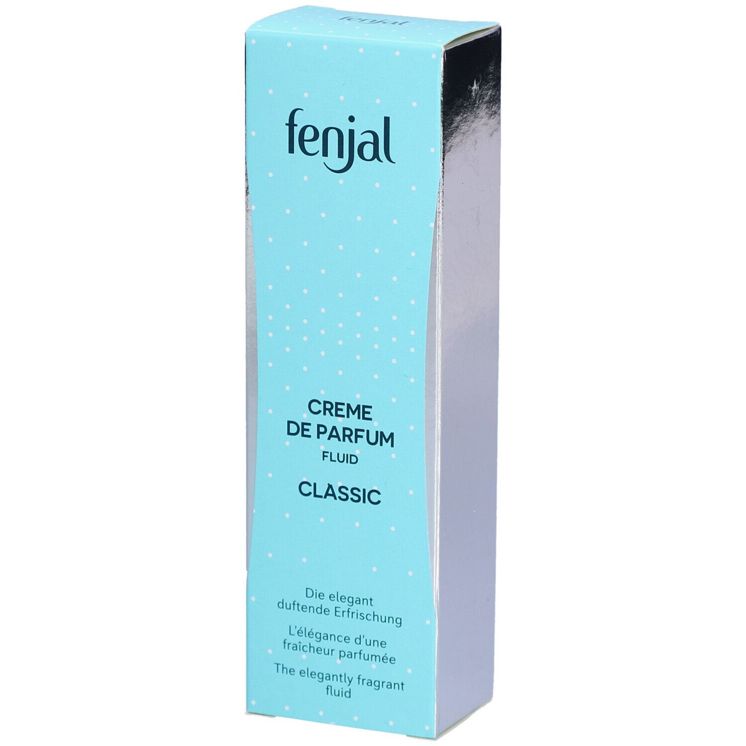 Türkis-weiße Schachtel. Oben: fenjal. Darunter: Creme de Parfum Fluid Classic. Text: Die elegant duftende Erfrischung.