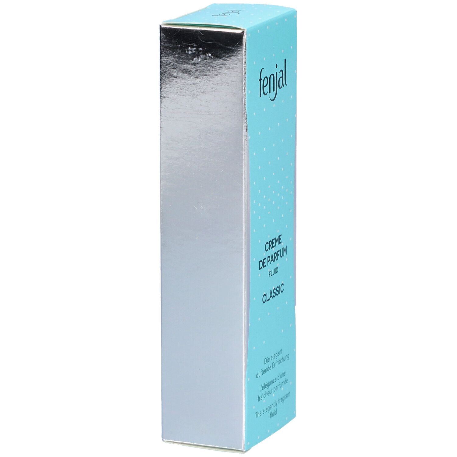 Türkis-weiße Schachtel. Oben: fenjal. Darunter: Creme de Parfum Fluid Classic. Text: Die elegant duftende Erfrischung.