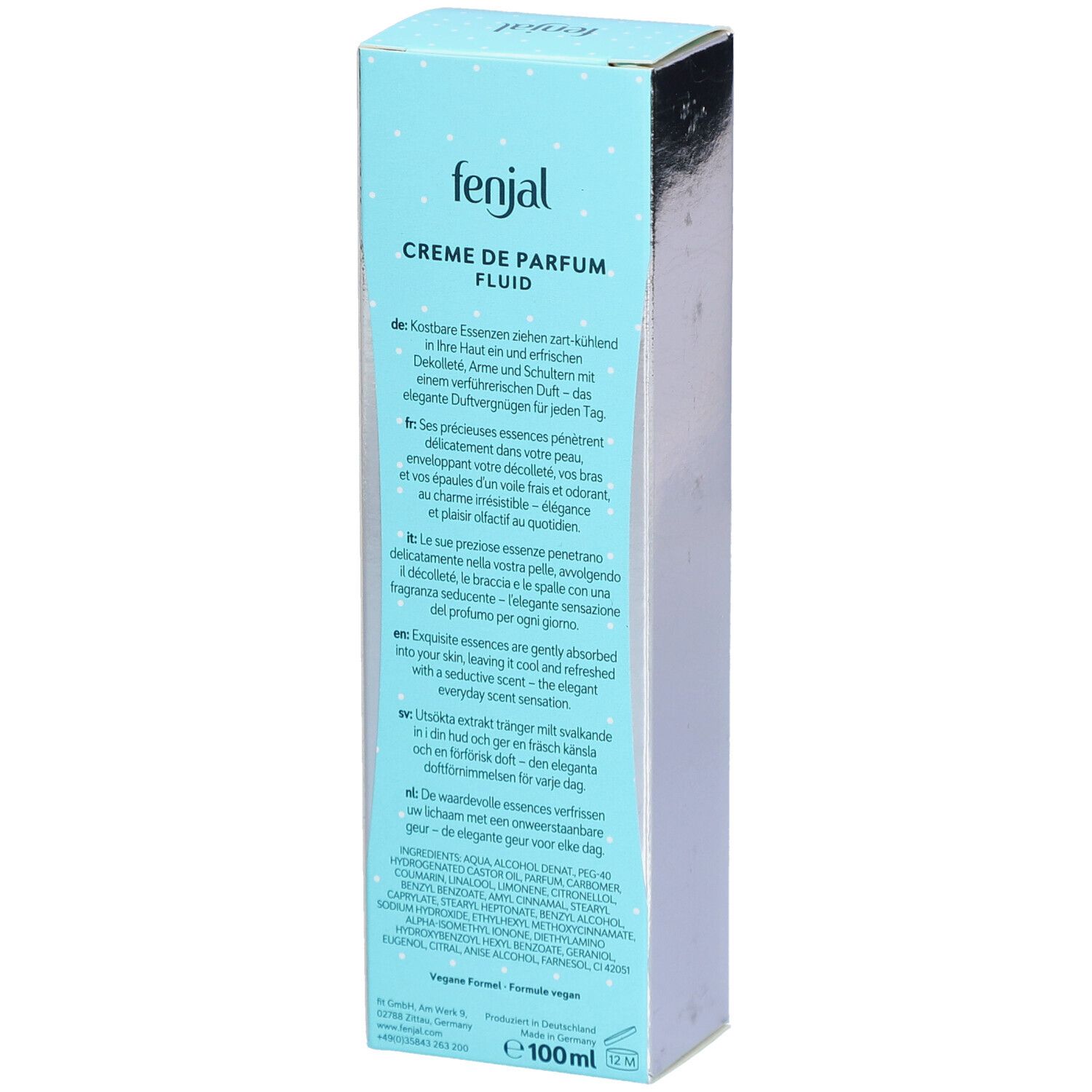 Türkis-weiße Schachtel. Text: Creme de Parfum Fluid Classic. Text in Deutsch, Englisch, Französisch. Unten: 100ml.