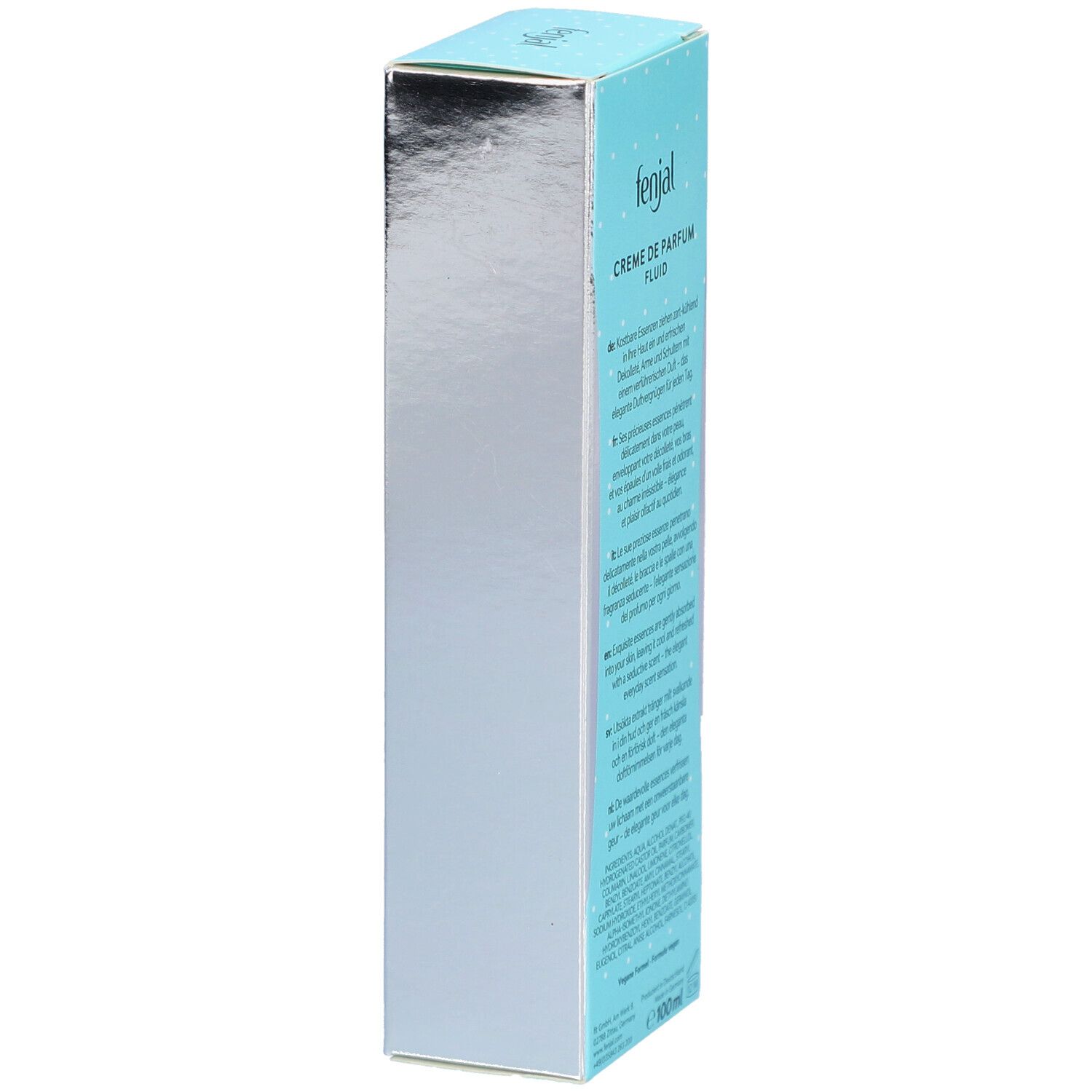 Türkis-weiße Schachtel. Text: Creme de Parfum Fluid Classic. Text in Deutsch, Englisch, Französisch. Unten: 100ml.