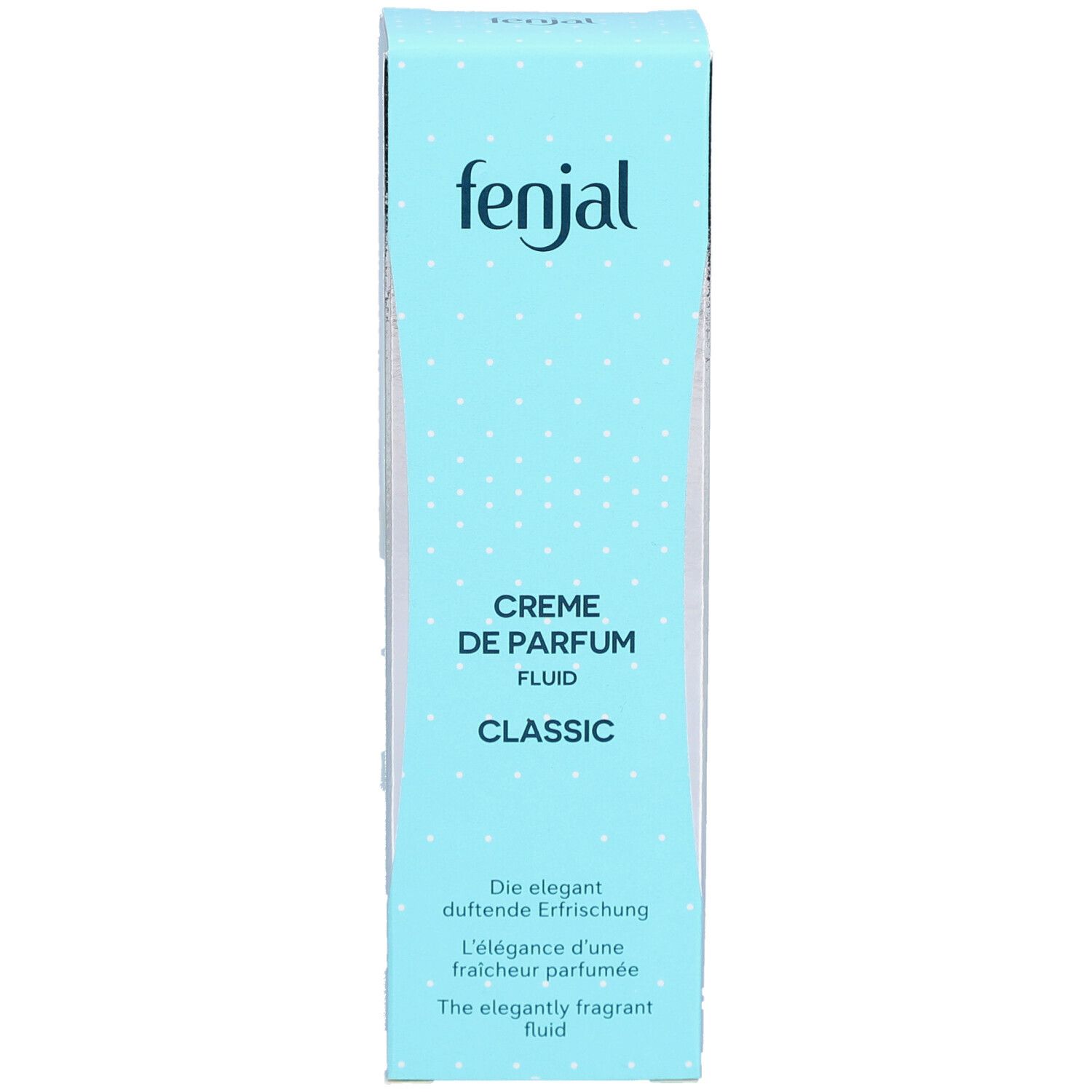 Türkis-weiße Schachtel. Oben: fenjal. Darunter: Creme de Parfum Fluid Classic. Text: Die elegant duftende Erfrischung.