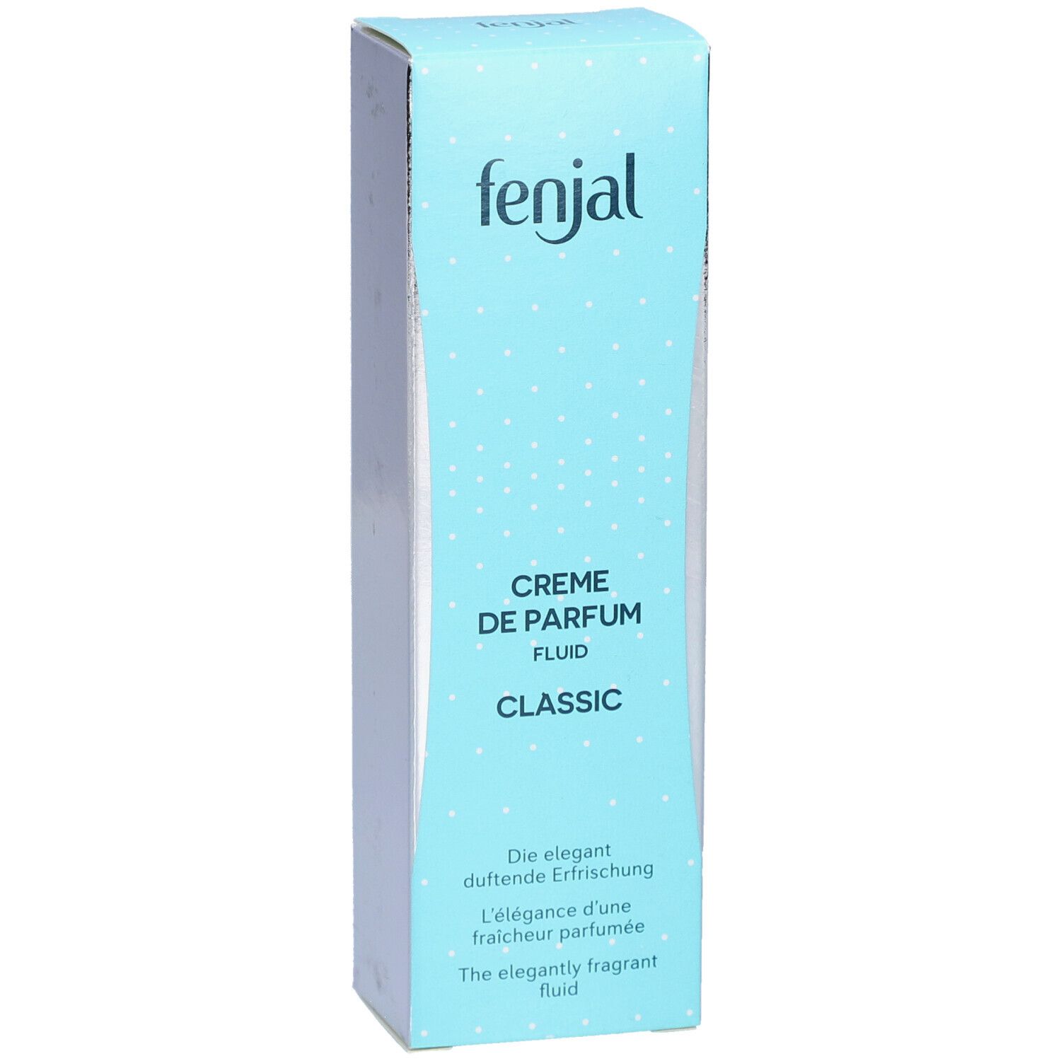 Türkis-weiße Schachtel. Oben: fenjal. Darunter: Creme de Parfum Fluid Classic. Text: Die elegant duftende Erfrischung.