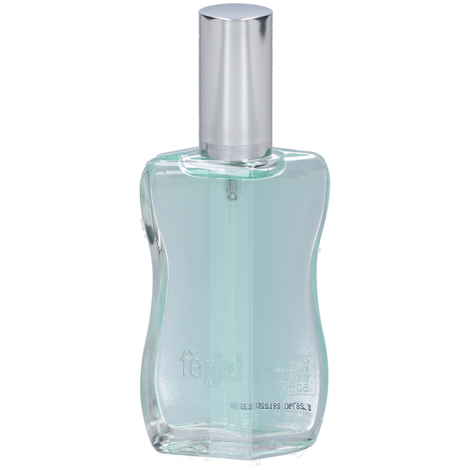 Klarflüssiges Eau de Toilette in einer Glasflasche mit silbernem Verschluss. Die Flasche hat eine geschwungene Form.