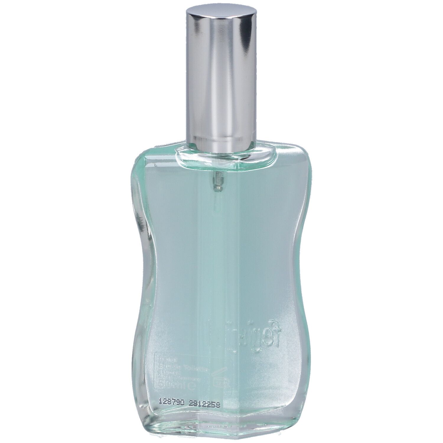 Klarflüssiges Eau de Toilette in einer Glasflasche mit silbernem Verschluss. Die Flasche hat eine geschwungene Form.