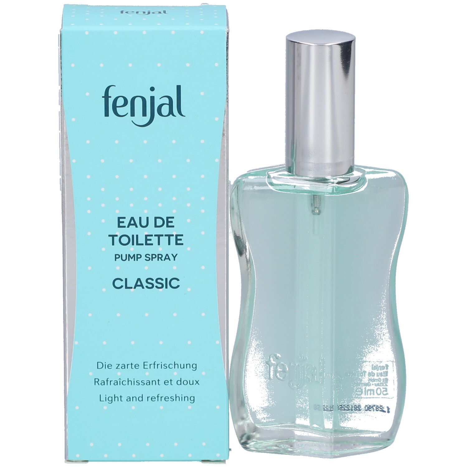Eau de Toilette Flasche neben einer hellblauen Verpackung. Auf der Verpackung steht "fenjal" und "EAU DE TOILETTE CLASSIC".