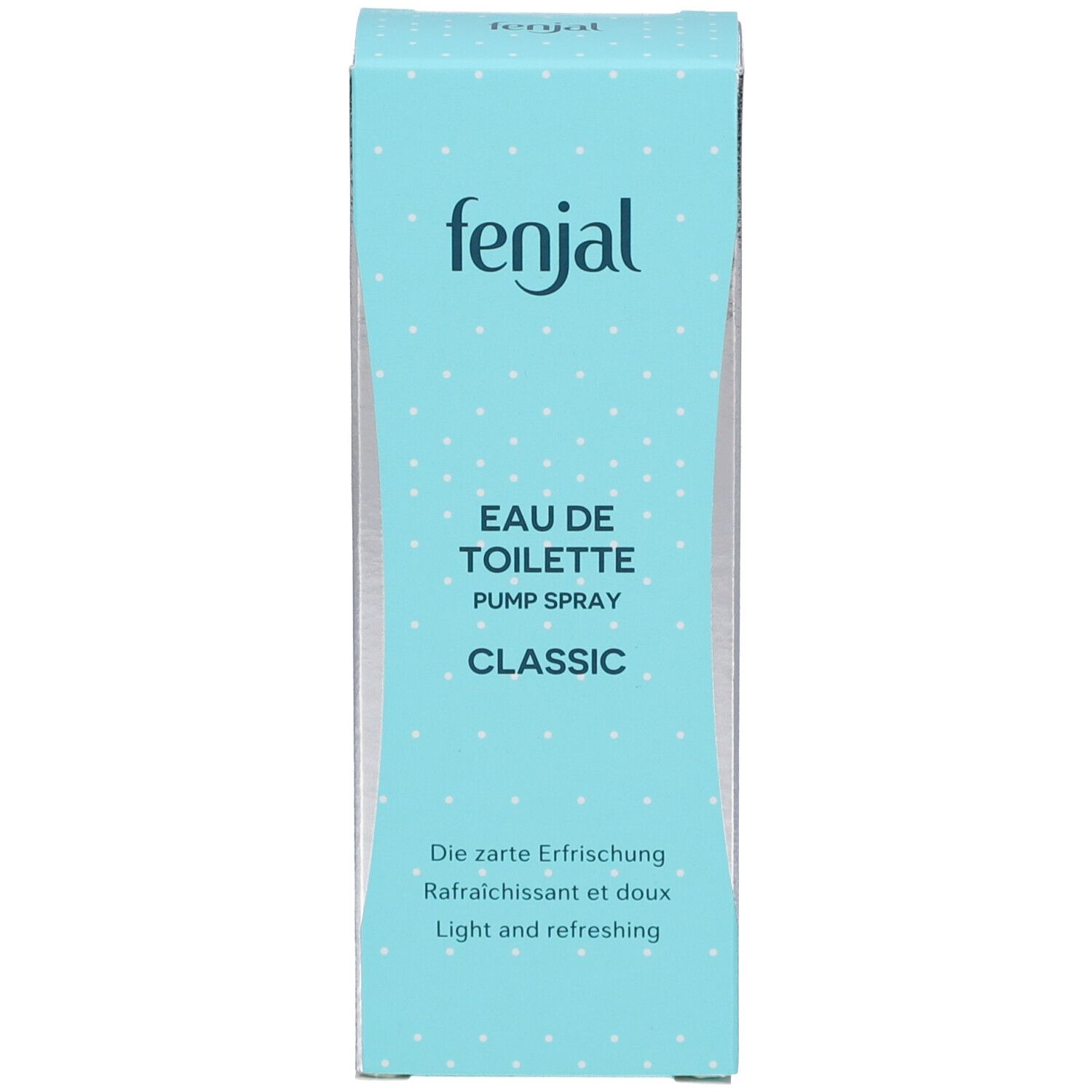 Hellblaue Verpackung mit der Aufschrift "fenjal", "EAU DE TOILETTE CLASSIC" und weiteren Texten in Deutsch und Französisch.