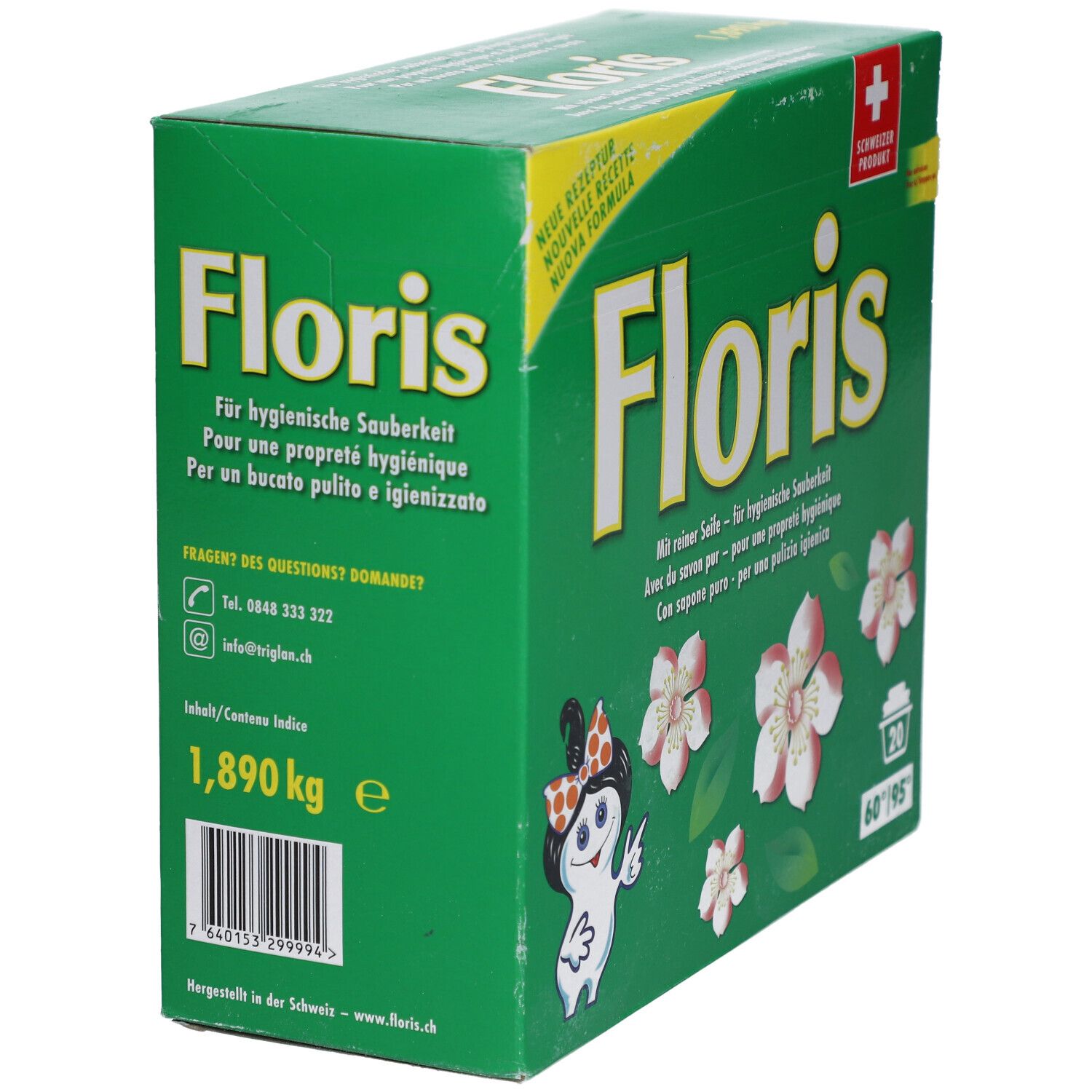 Grüne Schachtel mit "Floris"-Logo, Text in Deutsch, Französisch, Italienisch. Cartoon-Figur. Gewicht: 1,890 kg. Schweizer Produkt.