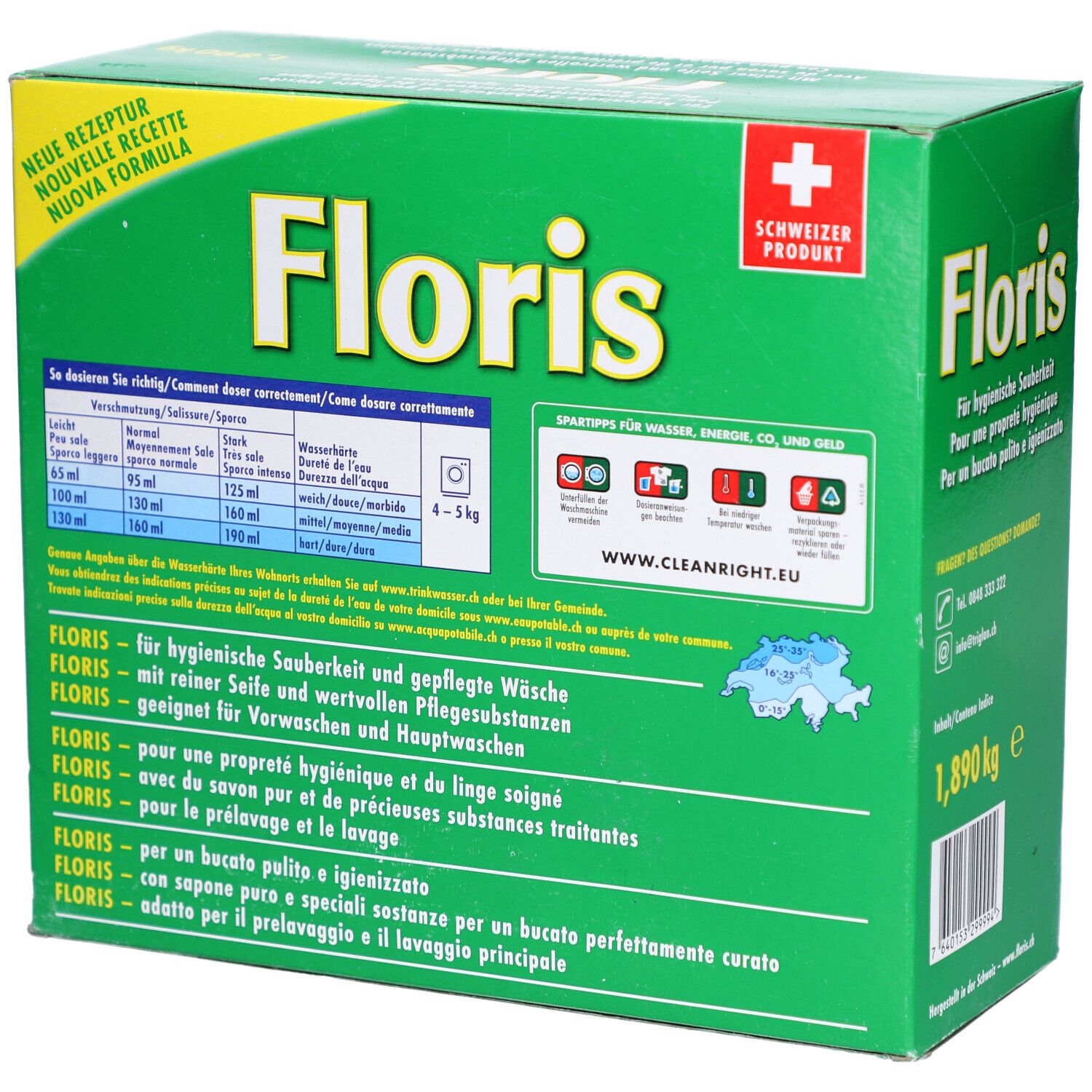 Grüne Schachtel mit "Floris"-Logo und Text in Deutsch, Französisch, Italienisch. Waschhinweise und Reinheitszeichen. 1,890 kg.