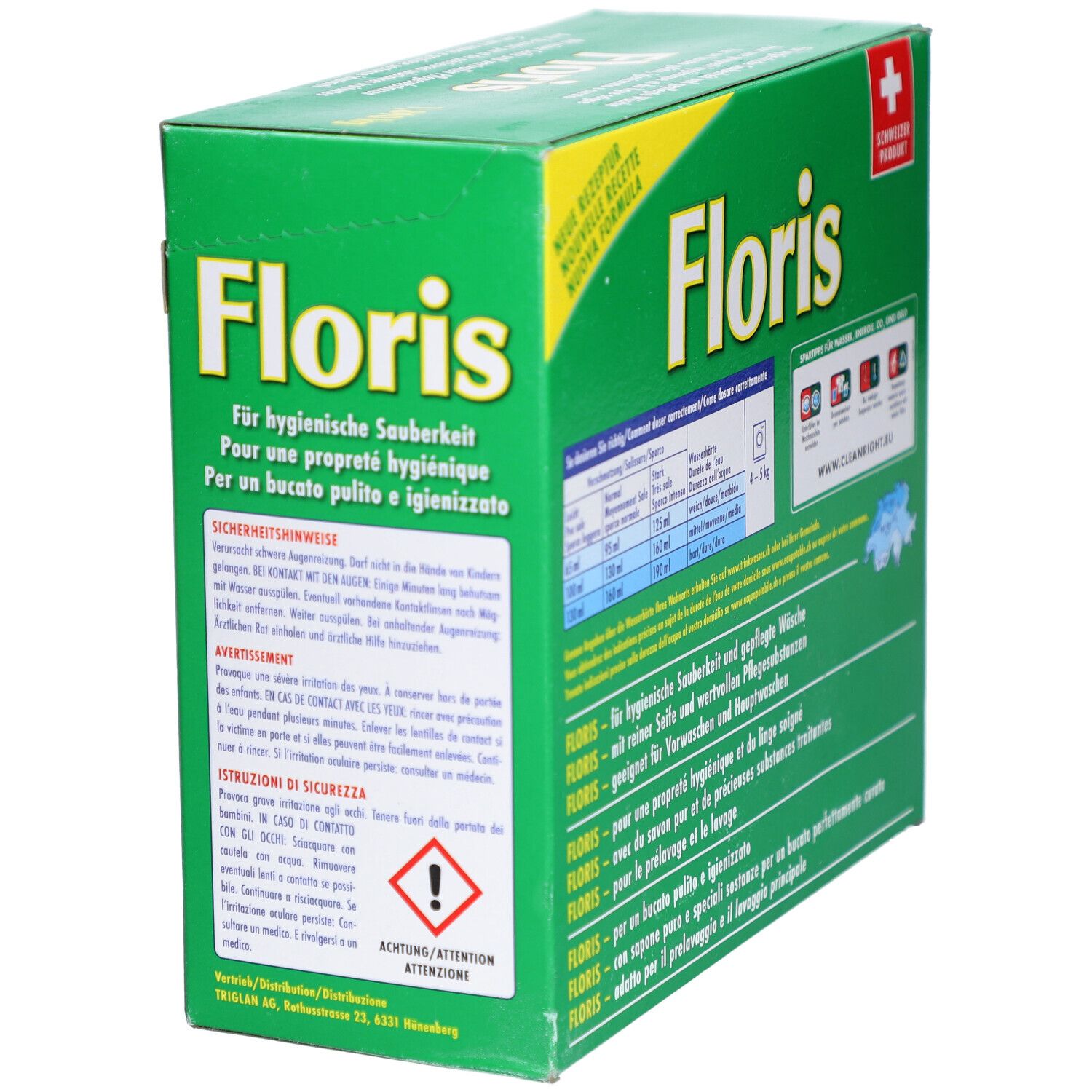 Grüne Schachtel mit "Floris"-Logo und Text in Deutsch, Französisch, Italienisch. Waschhinweise und Sicherheitsinformationen.