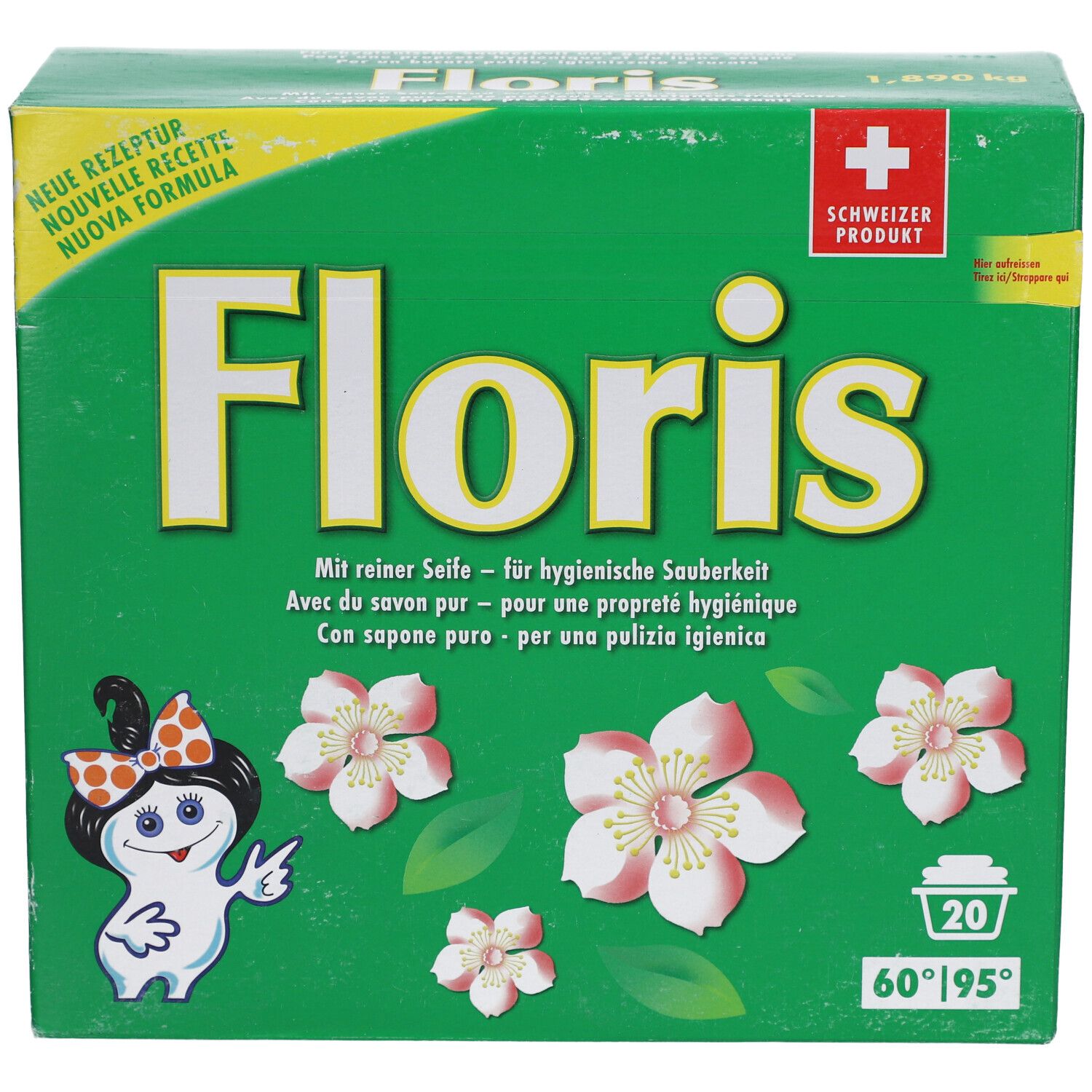 Grüne Schachtel mit "Floris"-Logo, Blumen und Cartoon-Figur. Text in Deutsch, Französisch, Italienisch. 20 Waschladungen.