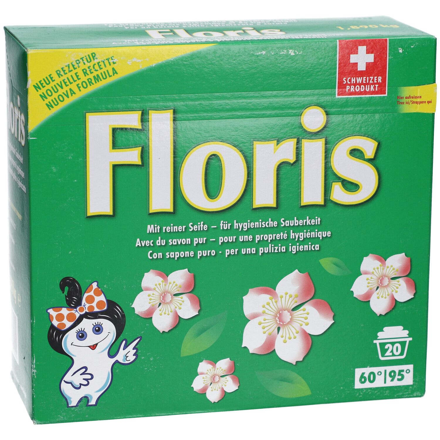 Grüne Schachtel mit "Floris"-Logo, Blumen und Cartoon-Figur. Text in Deutsch, Französisch, Italienisch. 20 Waschladungen.