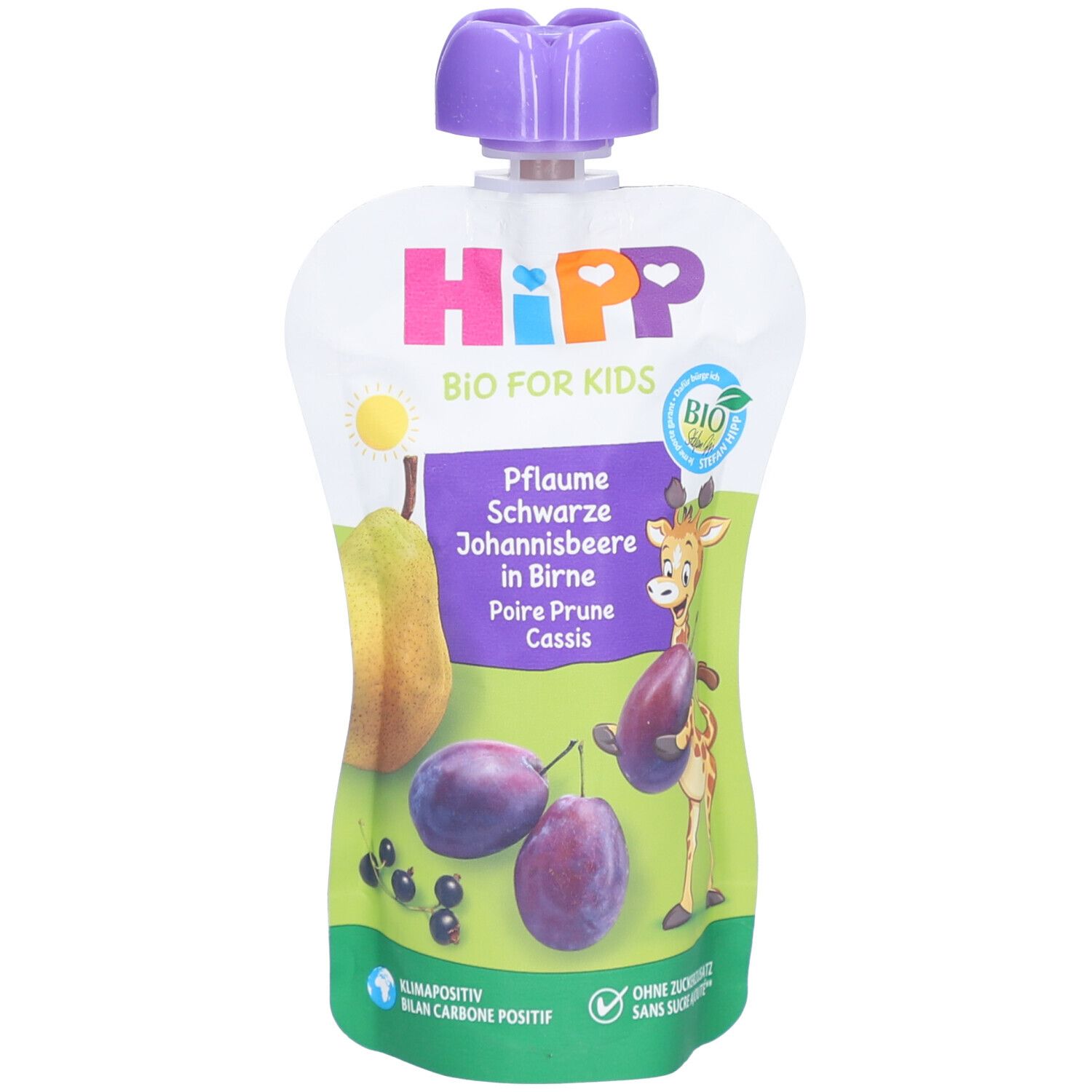 HiPP Bio Quetschbeutel. Vorderseite mit Birne, Pflaume, Johannisbeere-Illustrationen und Logo. Bio-Siegel.