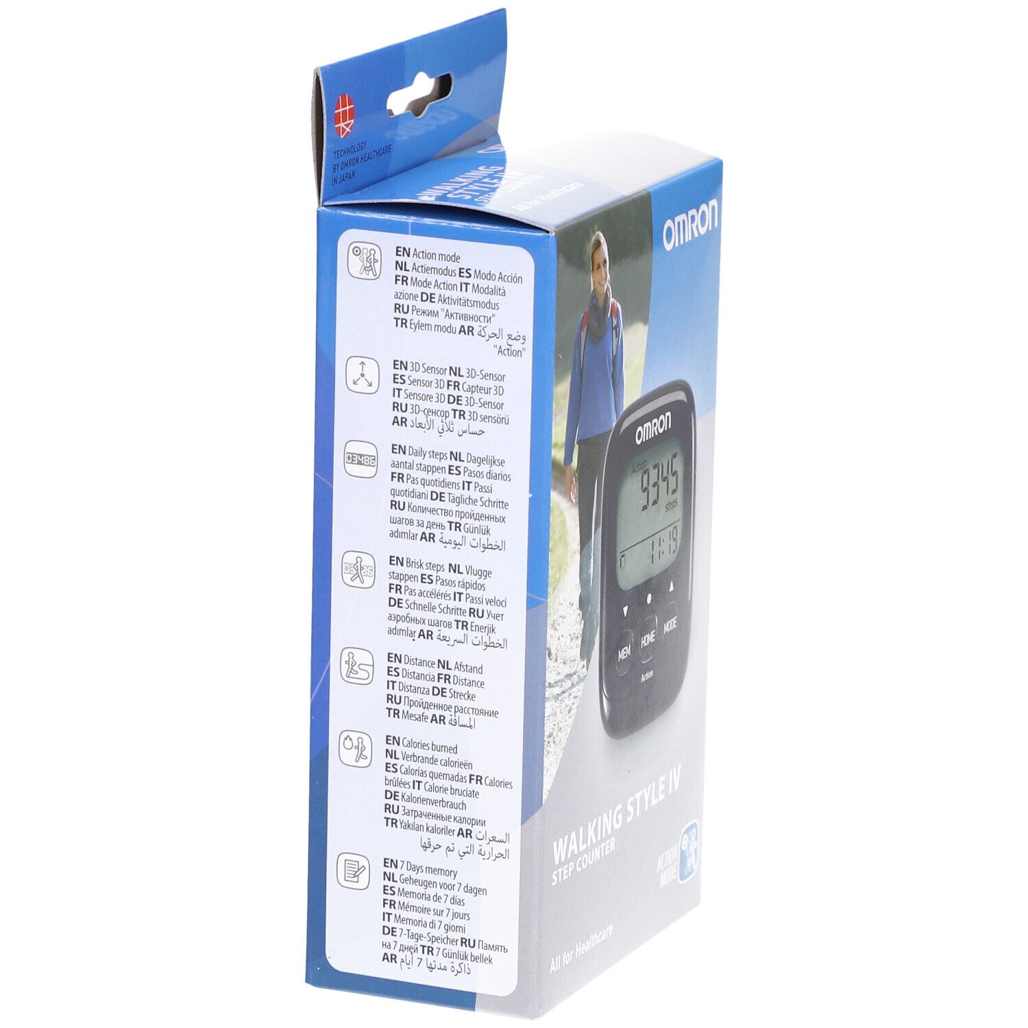 Verpackung des Omron Schrittzählers Walk Style IV. Mehrsprachige Informationen auf der Seite. Produktname und Marke sichtbar.
