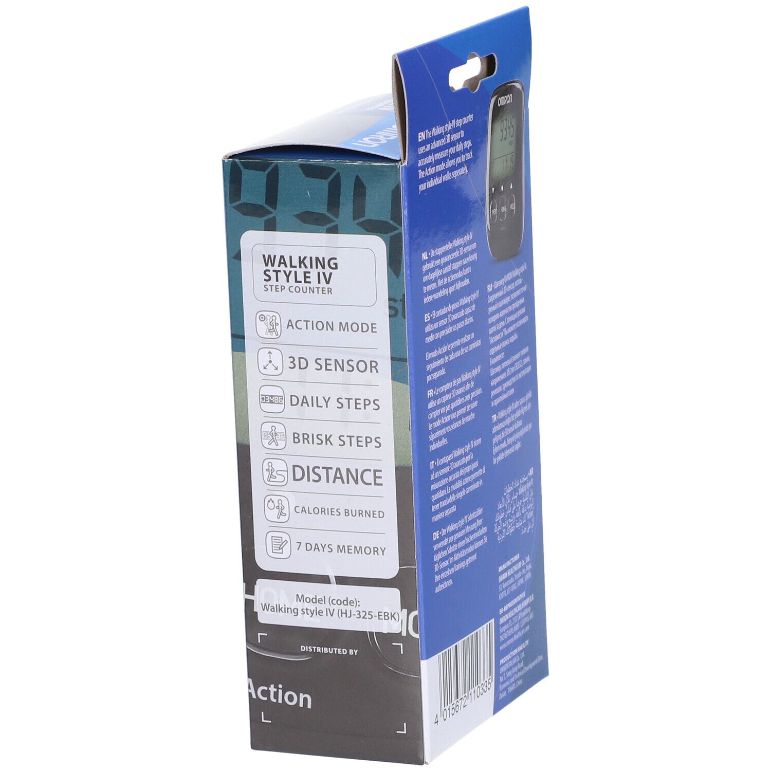 Seite der Omron Walk Style IV Verpackung. Produktmerkmale und Modellcode. Marke und Produktname sichtbar.