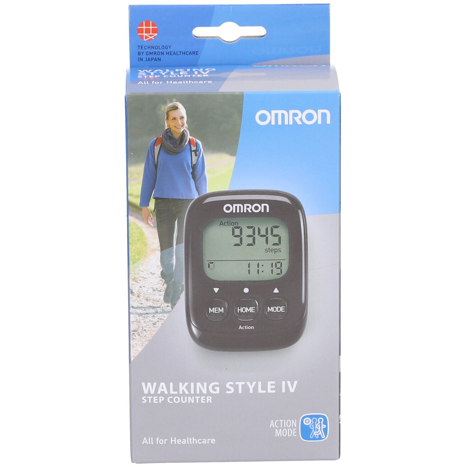 Omron Schrittzähler Walk Style IV Schwarz in Verpackung. Anzeige: Schritte, Uhrzeit. Marke und Produktbezeichnung sichtbar.